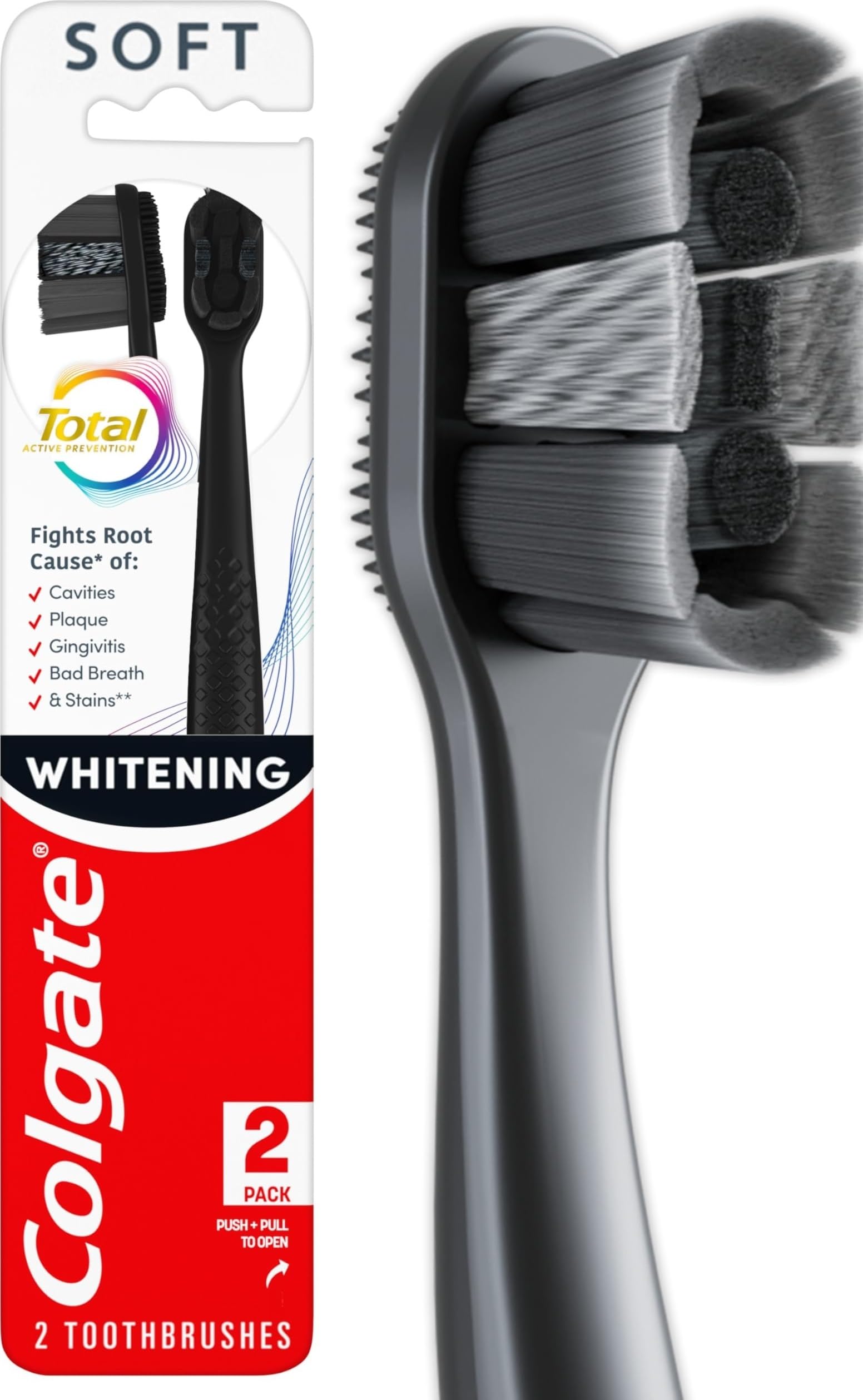 Colgate Total Whitening Charcoal Toothbrush, Soft, Black, 2 Pack - Product Imagery
