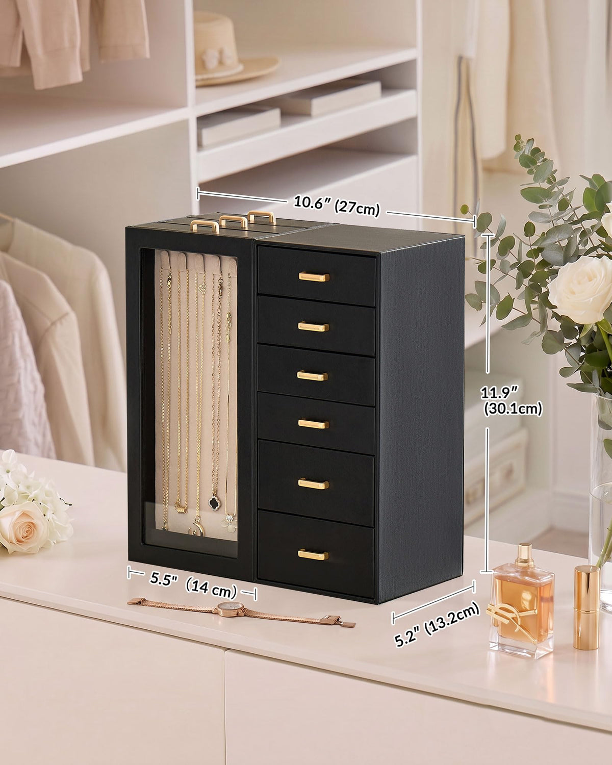 Lolalet Large Jewelry Box Organizer for Women, PU Leather Jewelry Case with Necklace Holder & Multiple Drawers, Tabletop