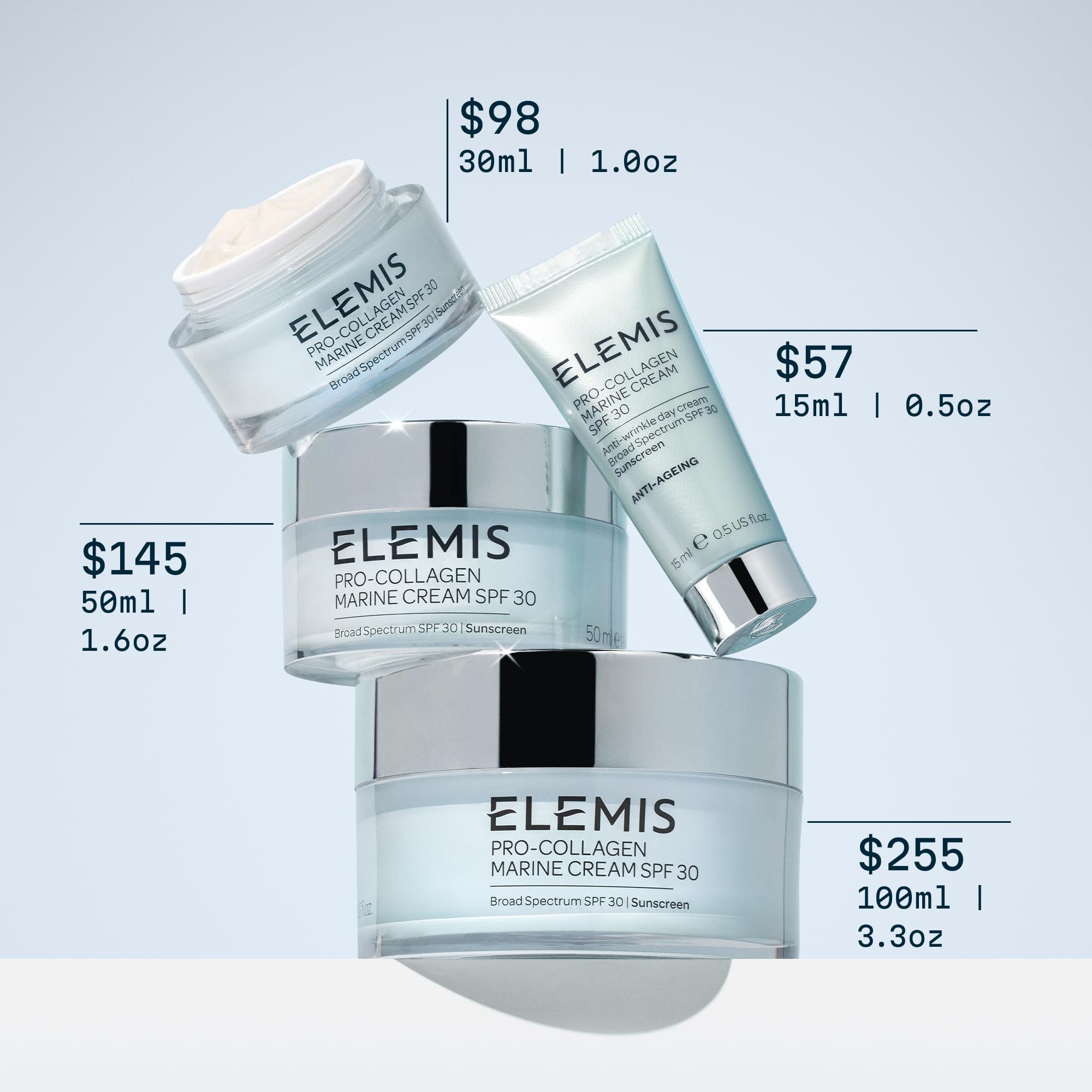 ELEMIS Pro-Collagen Marine Cream SPF 30 anti-wrinkle moisturizer jar showing its clean, white packaging and product label.