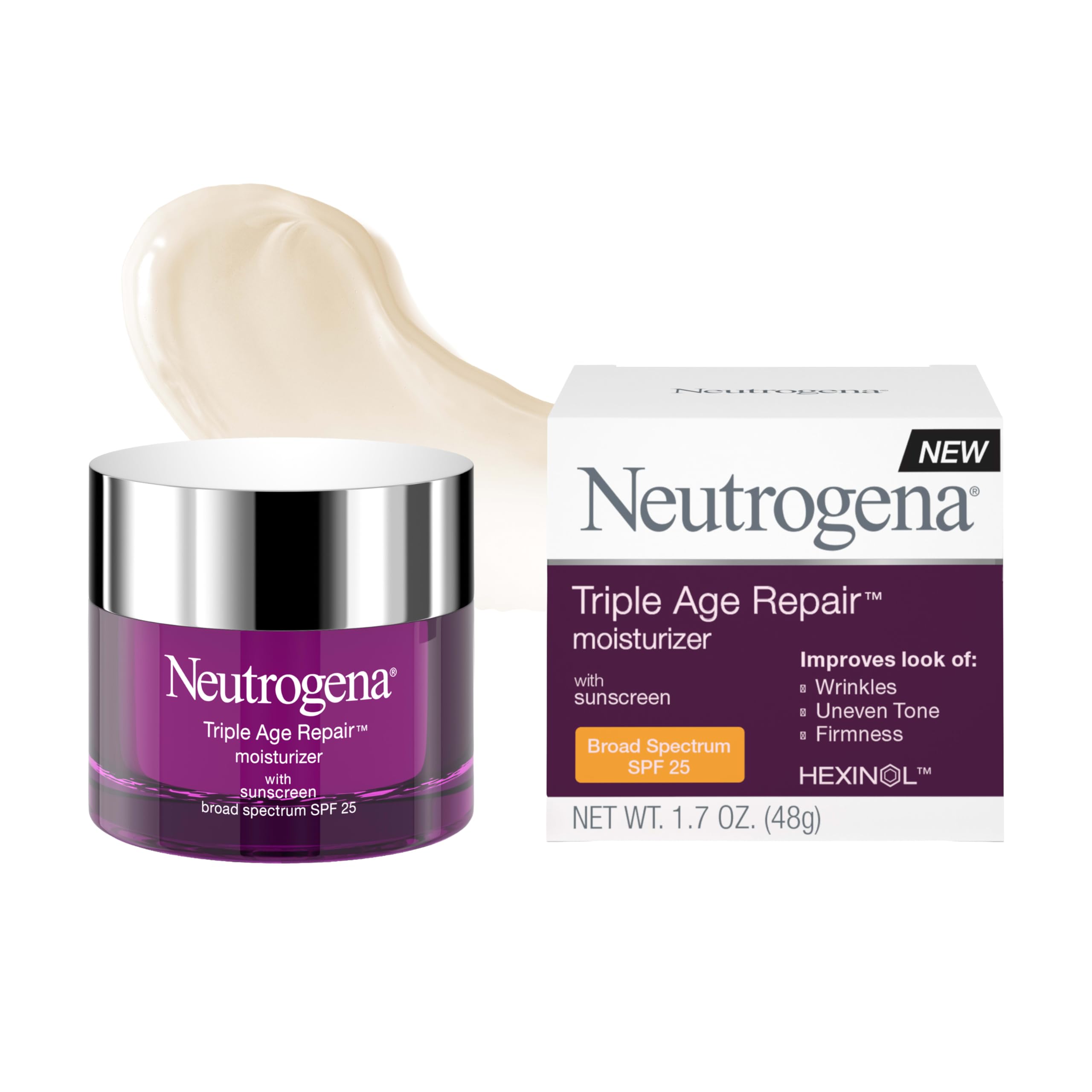 Neutrogena Triple Age Repair Face Moisturizer with SPF 25 in 1.7 fl oz tube, showing the product bottle and label.