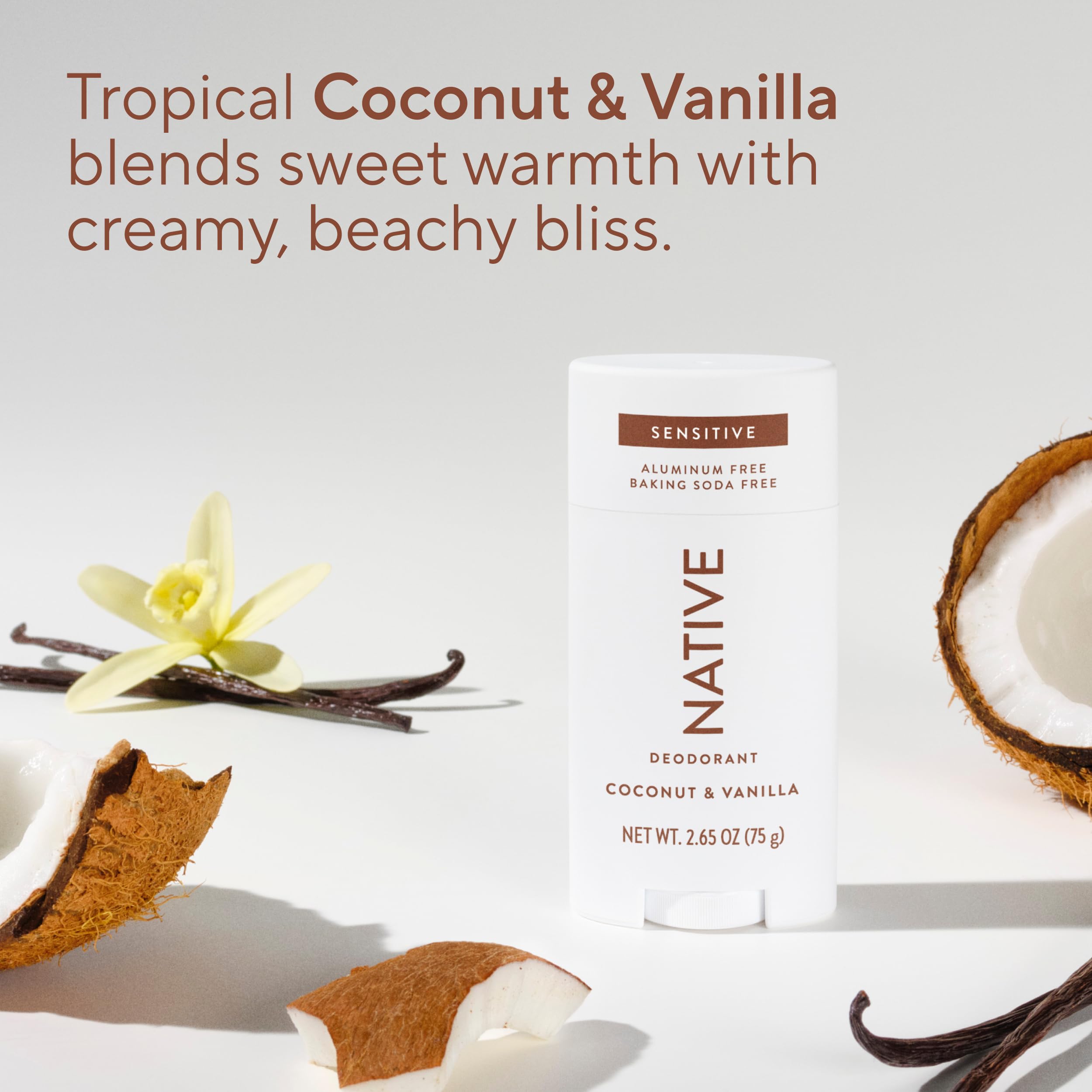 Native Sensitive Deodorant for women and men with coconut oil, shea butter, vanilla; aluminum-free, 72-hour odor control.