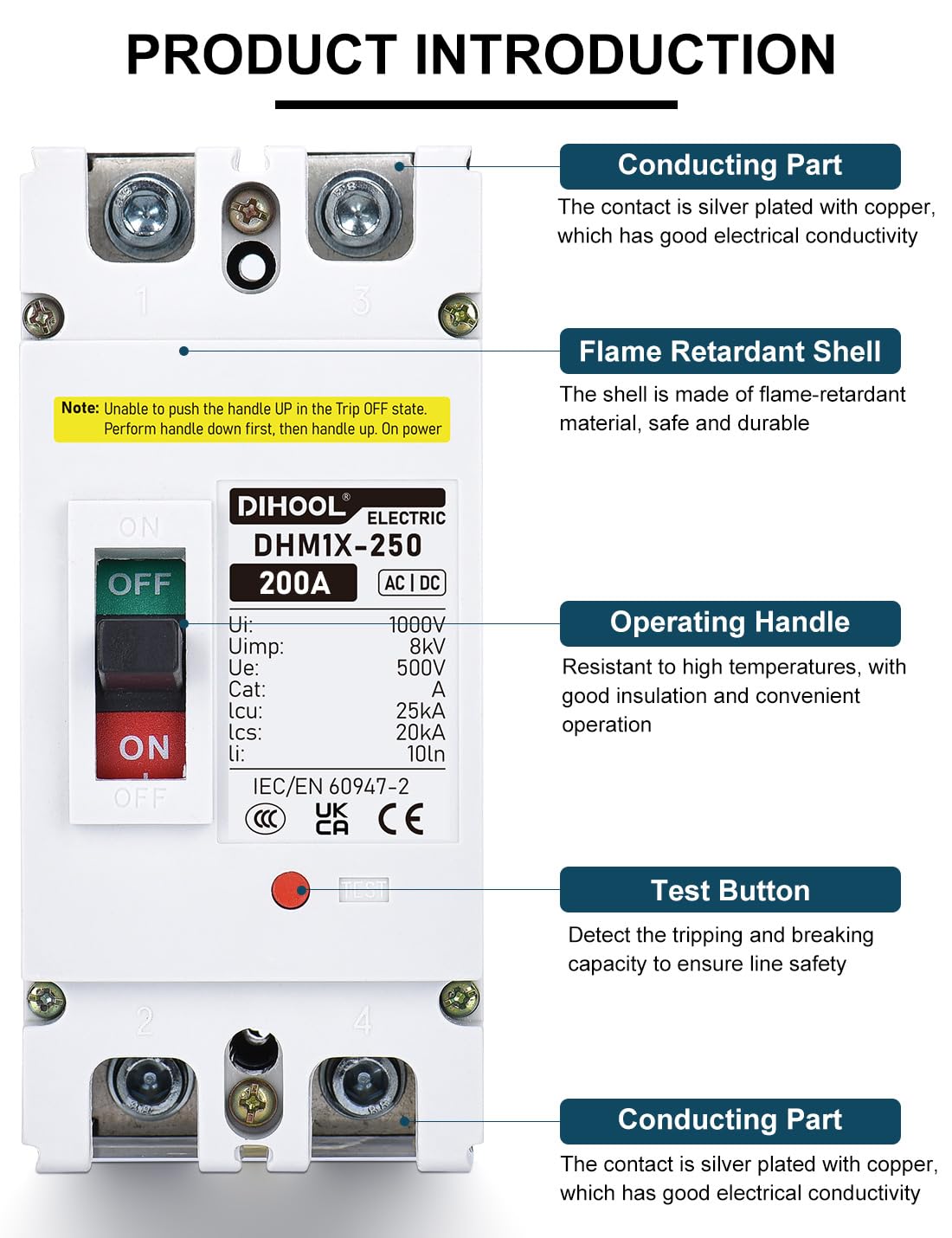 DIHOOL DC 200 Amp Breaker, 500V Battery Disconnect Switch for Main Power Station, UPS,Solar – packaging and label