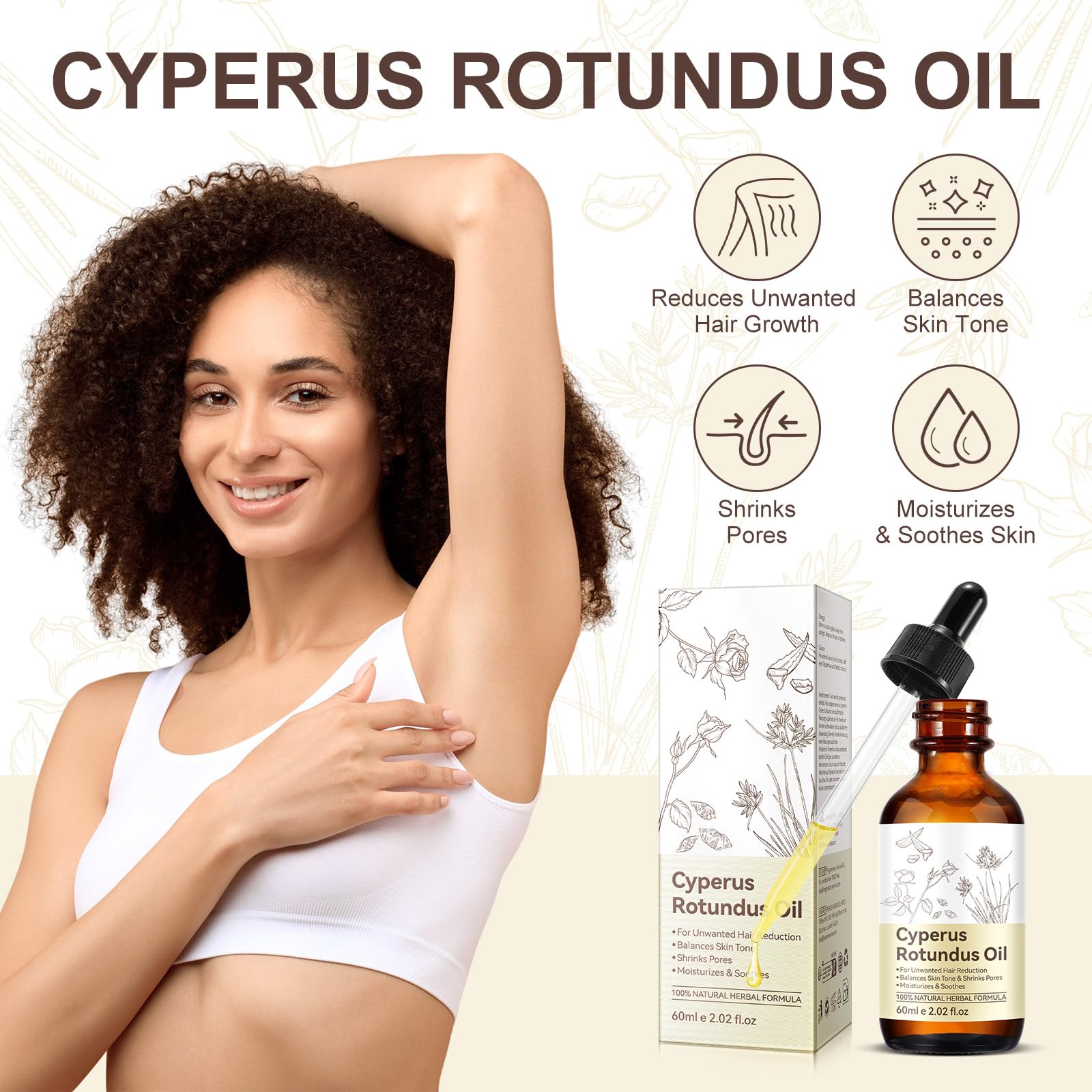 Cyperus Rotundus Oil 2 Pack, Cyprus Oil for Hair Removal, Natural Soothing and Gentle, Reducing Body Hair Growth, Smooth Skin & Hair Removal, 2.02 Fl Oz
