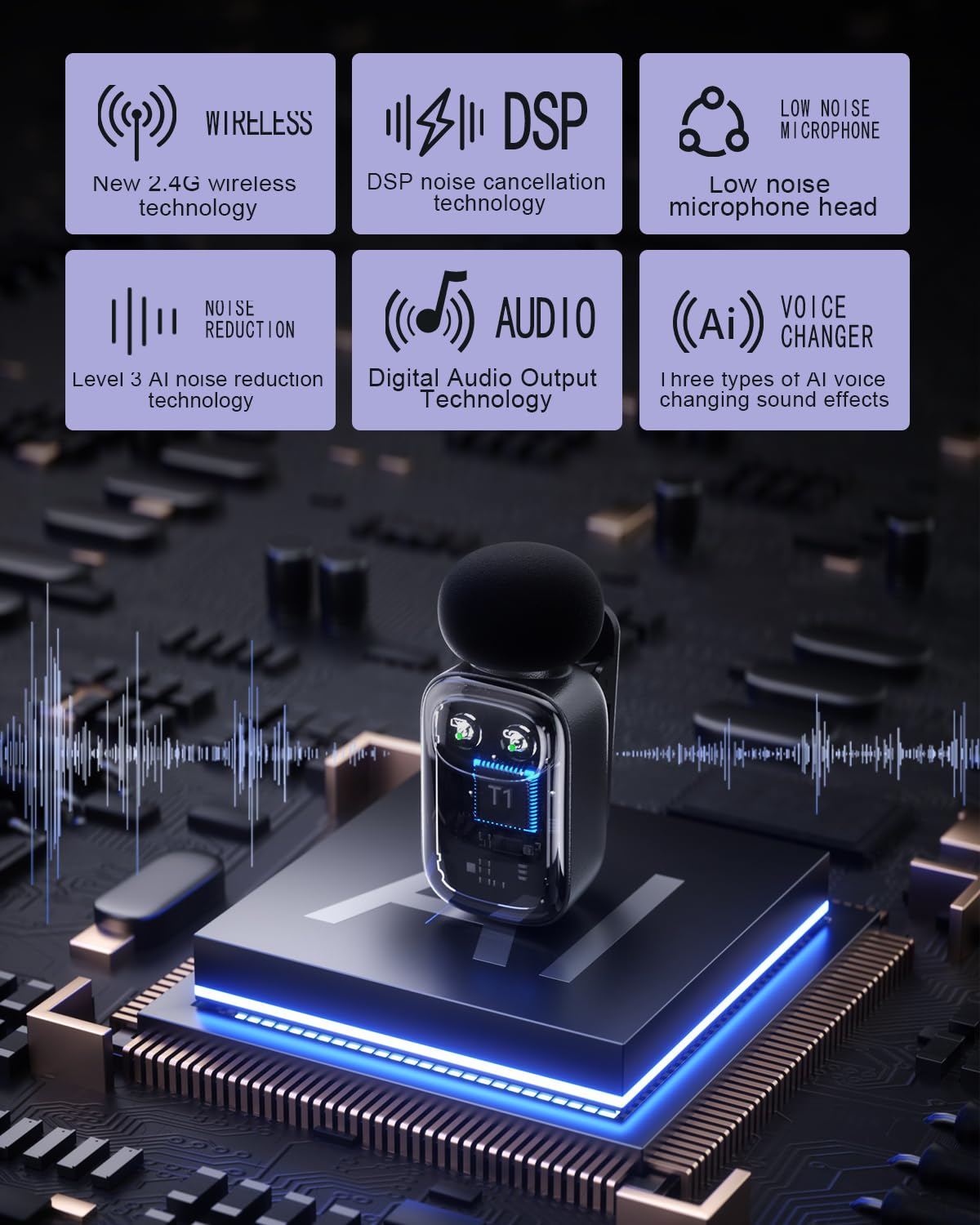 METTOMUS T1 mini Wireless Lavalier Microphone for iPhone/Android/iPad, 3-Level Noise Reduction, 30H Battery Life, AI Voi