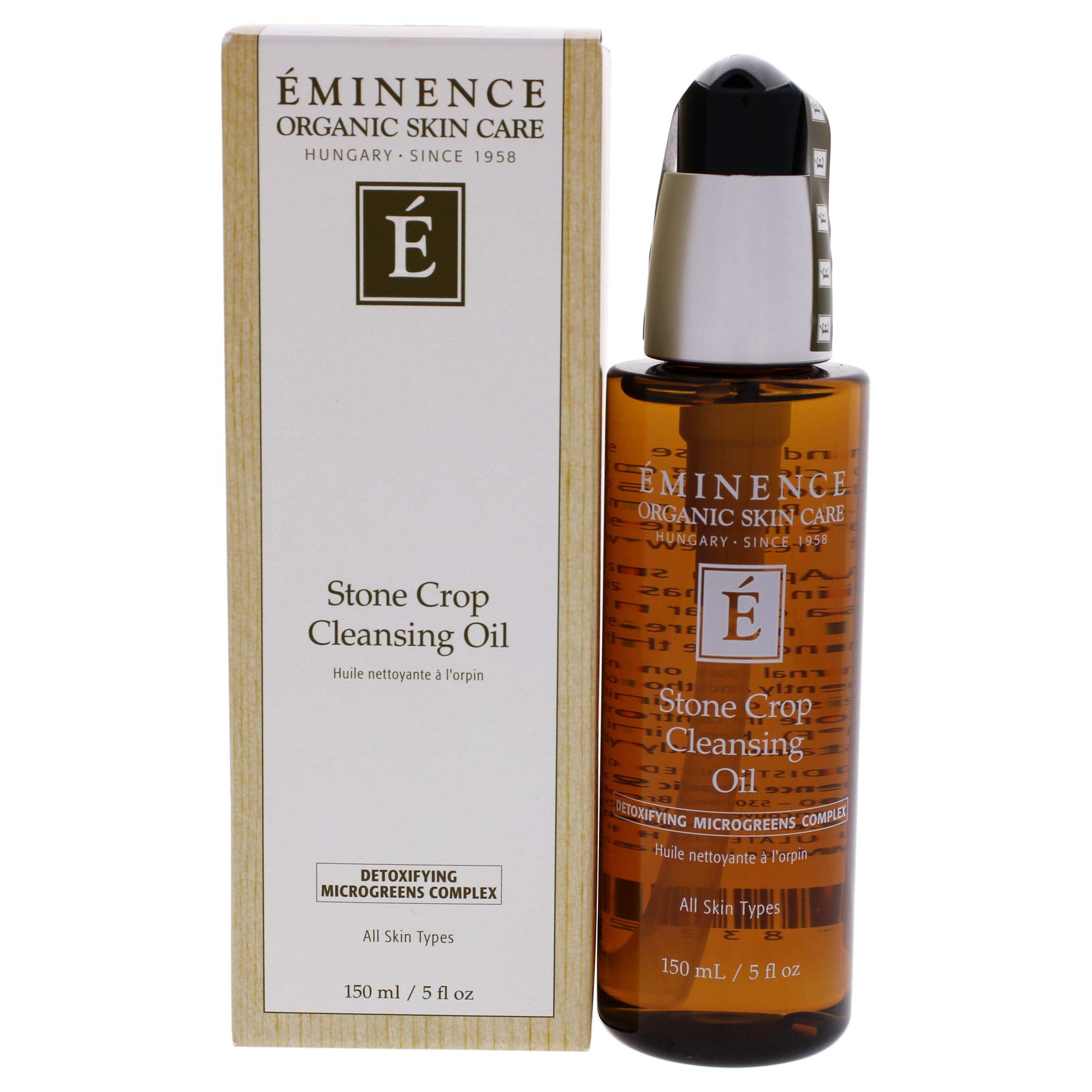 Eminence Stone Crop Cleansing Oil in a 5 fl oz bottle, natural skin cleaning agent with a clear, pump-top bottle and label.