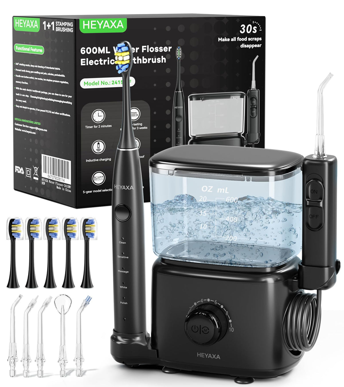 HEYAXA Professional Water Flosser & Electric Toothbrush Combo, 600ML Home Use Oral Irrigator for 10 Adjustable Water Pre