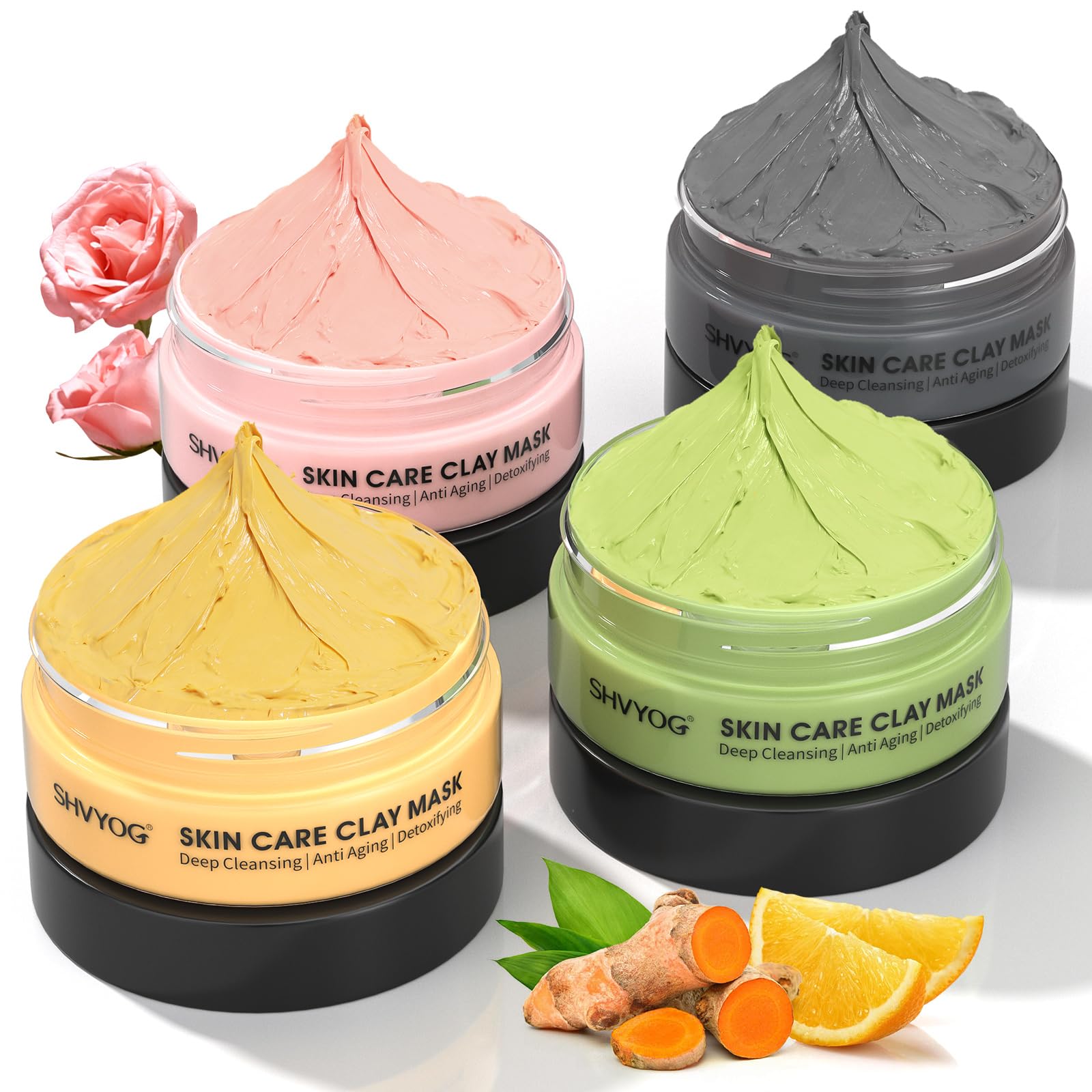 SHVYOG 4Pcs Face Mask Set - Turmeric Clay Mask, Vitamin C, Green - Product Imagery