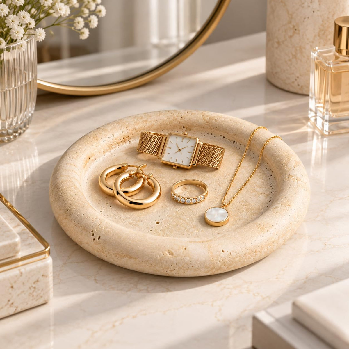 IPEDWO Natural Travertine Jewelry Dish,7.7" Stone Tray for Ring and Earring – alternate angle