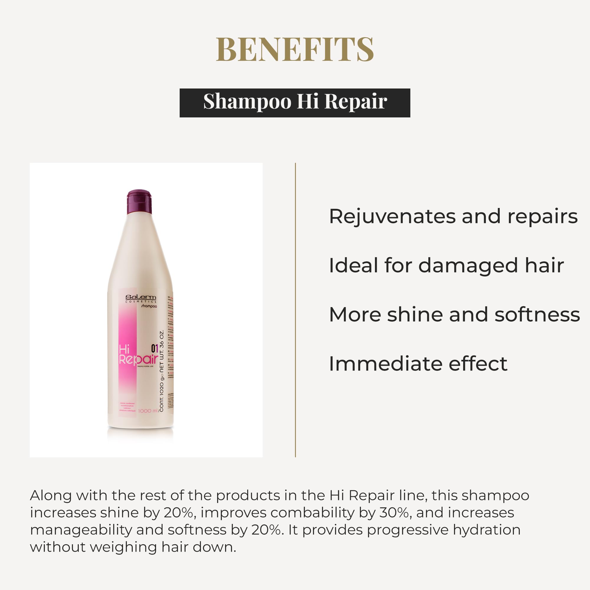 SALERM - Repairing Shampoo - Hi Repair Shampoo - 1000 ml - Deep Hydration for Damaged Hair - Repairs and Rejuvenates - Shinier and Softer Hair - Immediate Effect