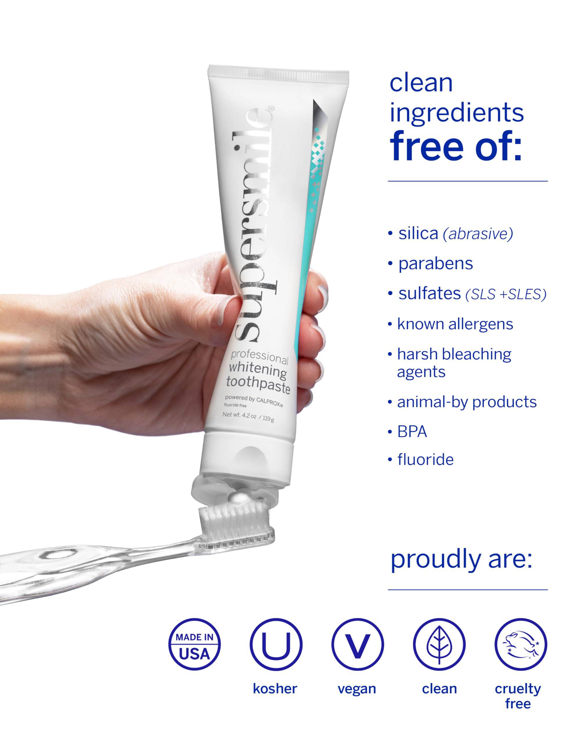 Supersmile ICY Mint whitening toothpaste in 8 oz tube, fluoride-free, showing the toothpaste tube with mint flavor branding.