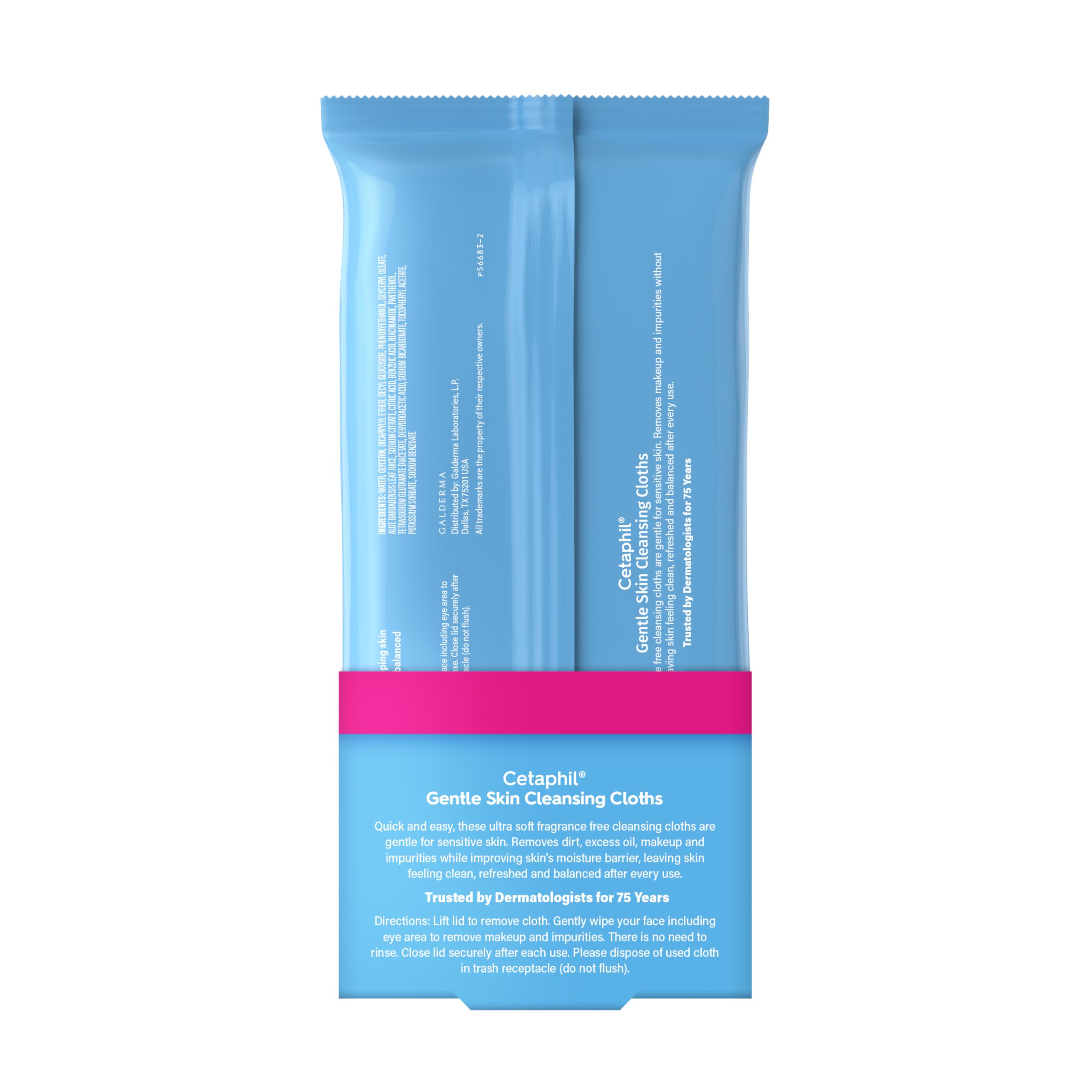 Cetaphil fragrance-free cleansing face and body wipes in a 2-pack, 50 count each, for gentle skin cleaning and refreshment.