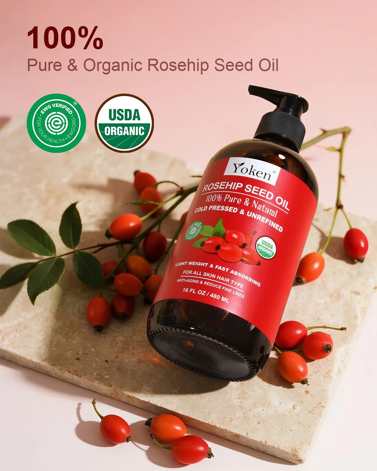 Yoken Cold Pressed Organic Rosehip Seed Oil for Skin, Hair & Body, 16 fl oz