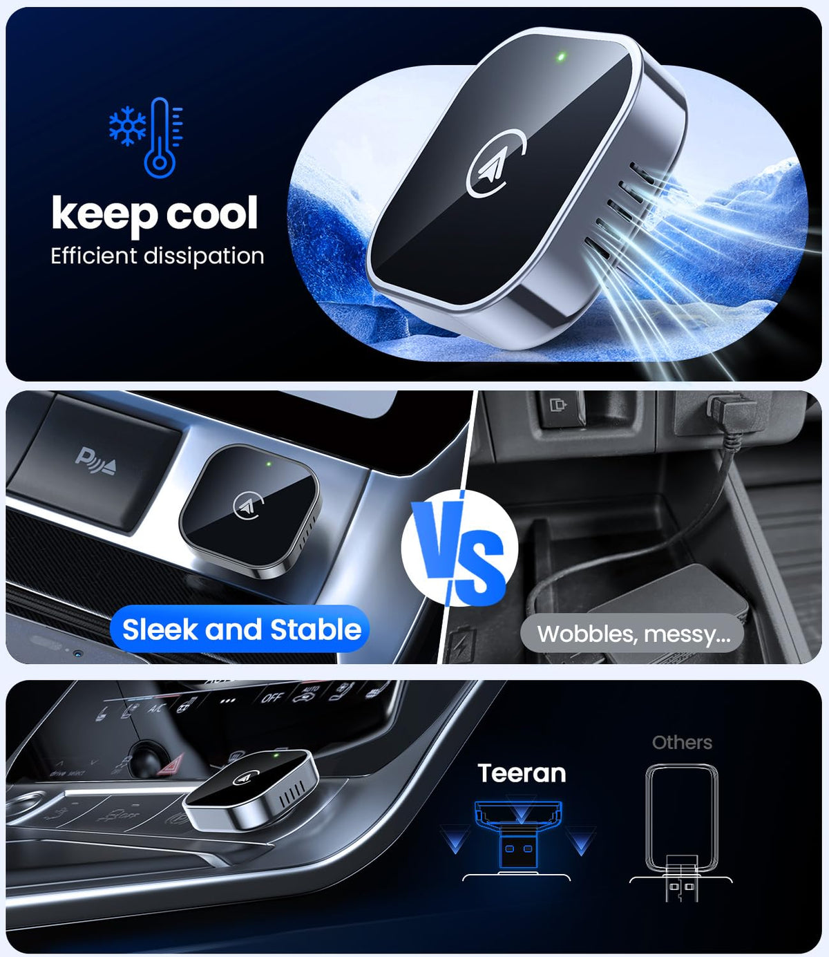 Teeran 2 in 1 Wireless CarPlay and Android Auto Adapter – back view and specifications