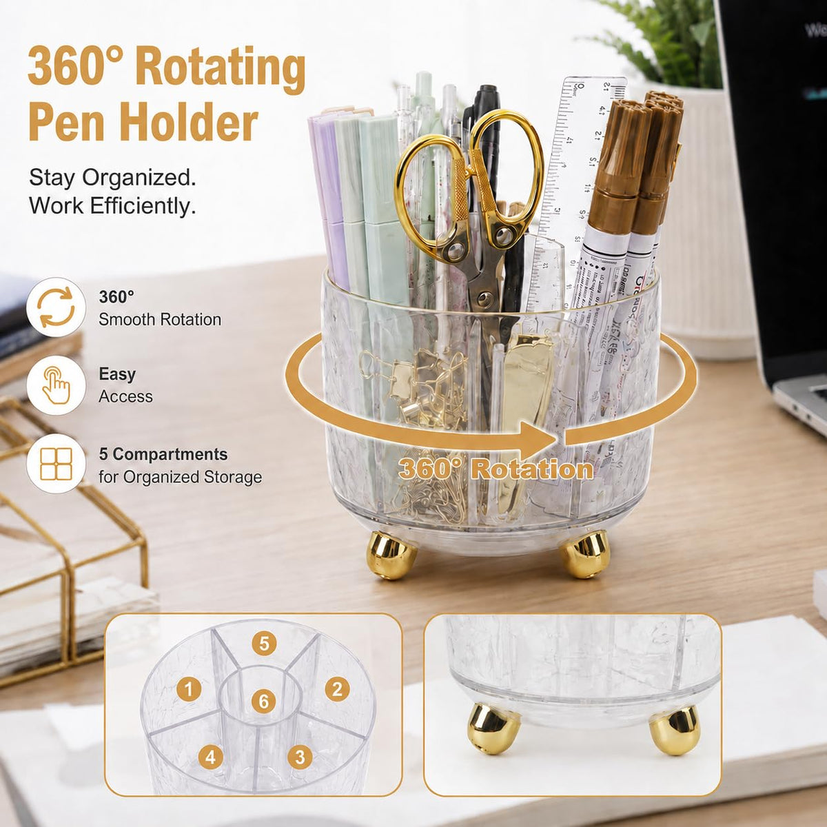 ChezAbbey Office Desk Supplies Accessories for Women - 360-Degree Rotating Pen Holder – close-up detail