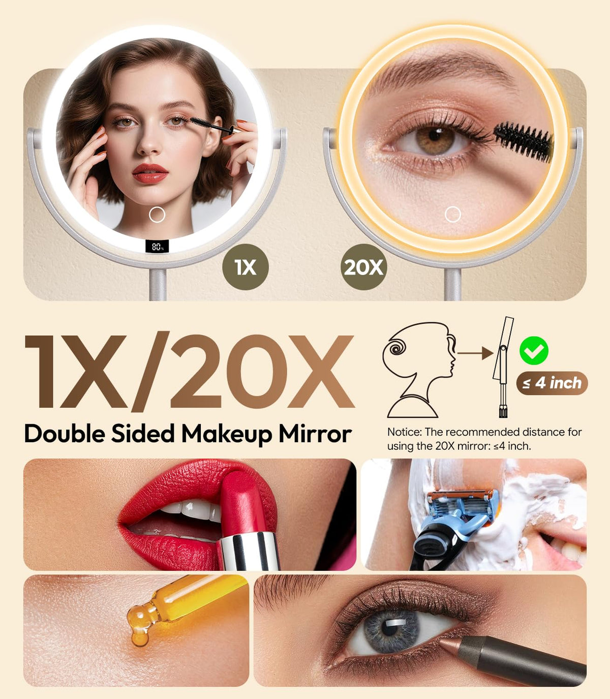 Glowtop 7" ABS Lighted Makeup Mirror with Lights, 20X Magnifying Mirror with Light – full view