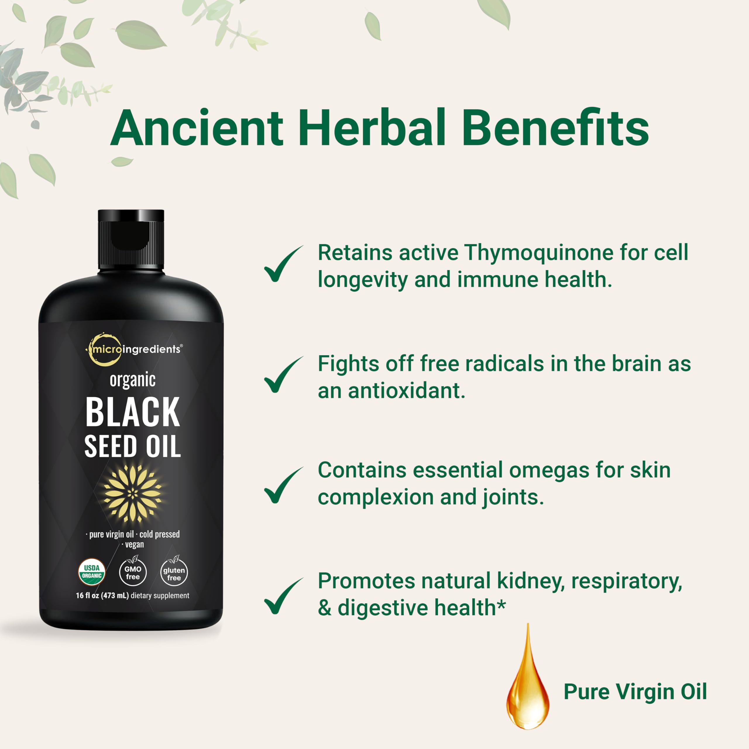 Micro Ingredients Black Seed Oil Organic Cold Pressed, 16 fl oz | Rich in Thymoquinone & Omega 3 6 9 | Unrefined from Nigella Sativa Seeds | Immune, Hair & Skin Support* | Non-GMO - 3 Months Supply