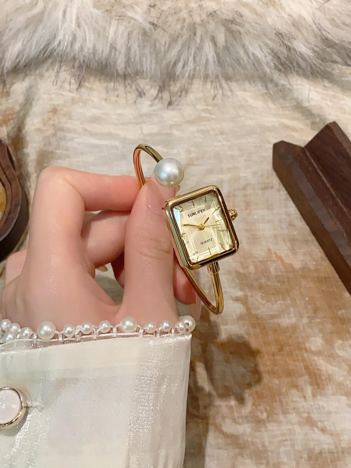 Gosasa Pearl Bangle Watch for Women, Gold Bracelet Watch with Square Easy Read Dial, Dainty Elegant Cuff Watch for Women