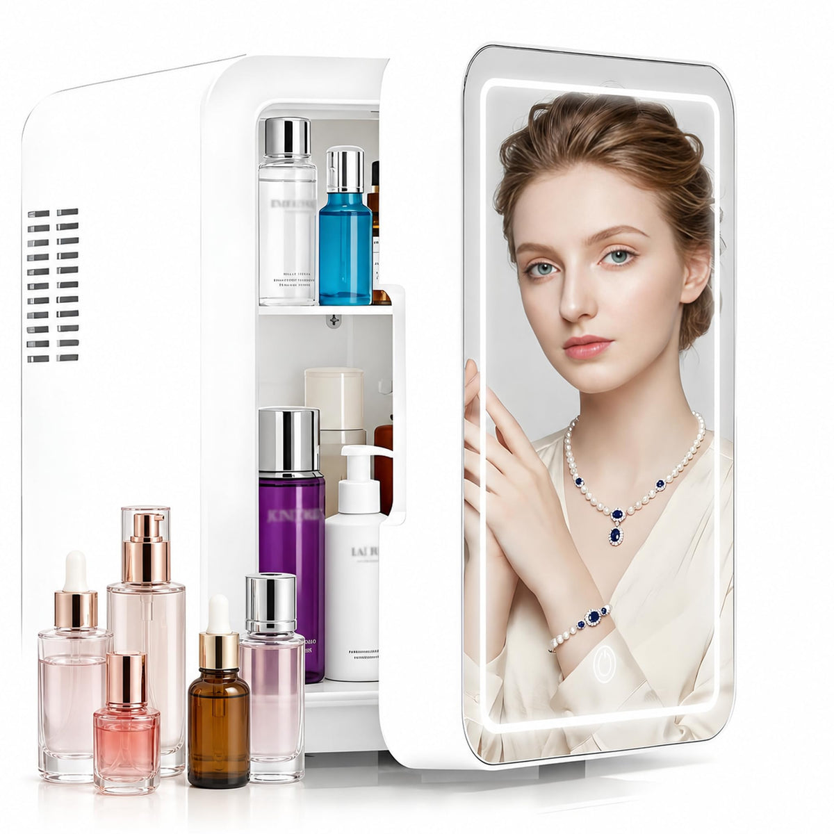 Lispin 4L Mini Skincare Refrigerator with Dimmable LED Mirror, Portable Beauty Refrigerator, Cosmetics, Personal Fridge 