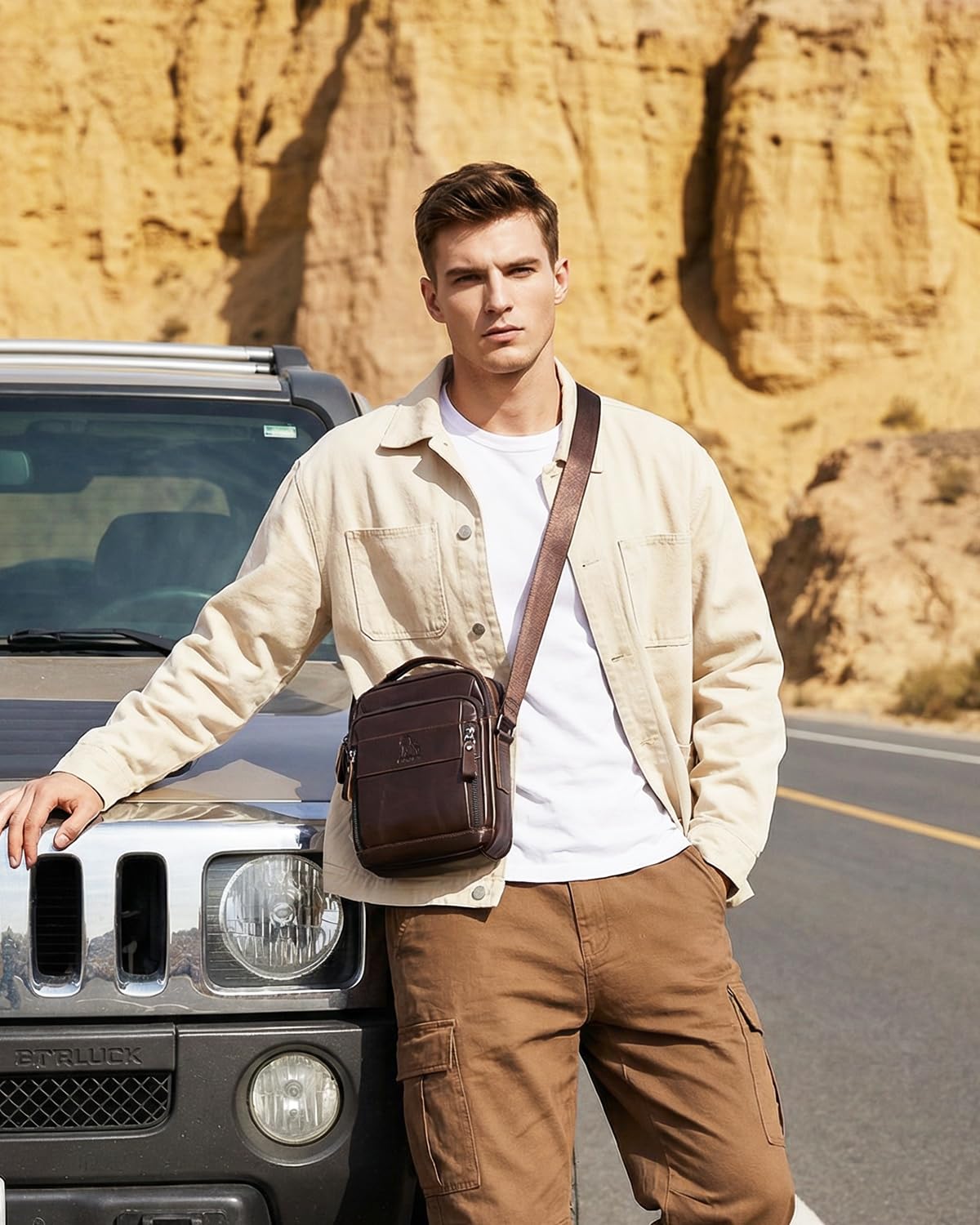 STEELLION Men's Cowhide Leather Crossbody Shoulder Bag, Top Handle