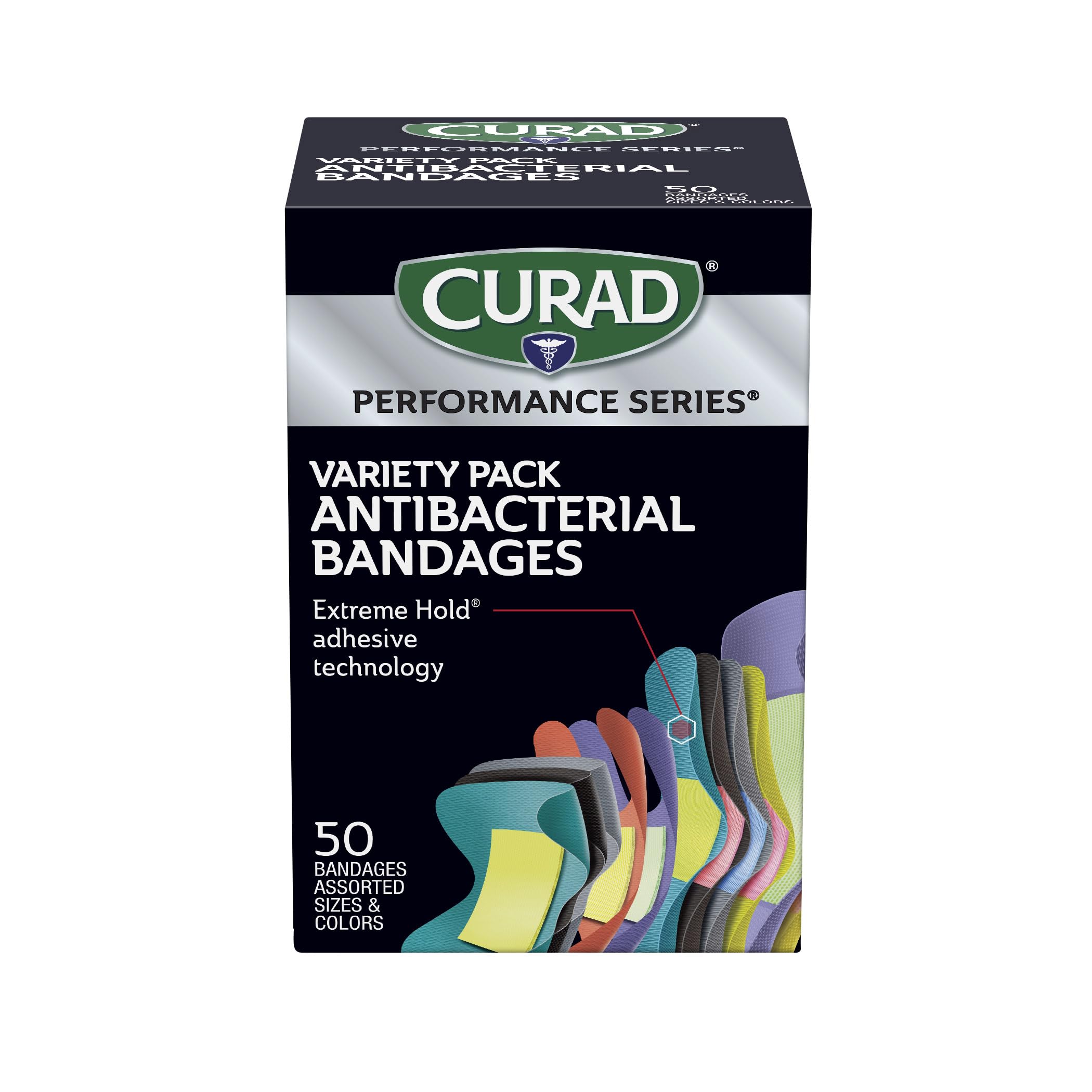 CURAD Performance Series Antibacterial Bandages, Extreme Hold - Product Imagery
