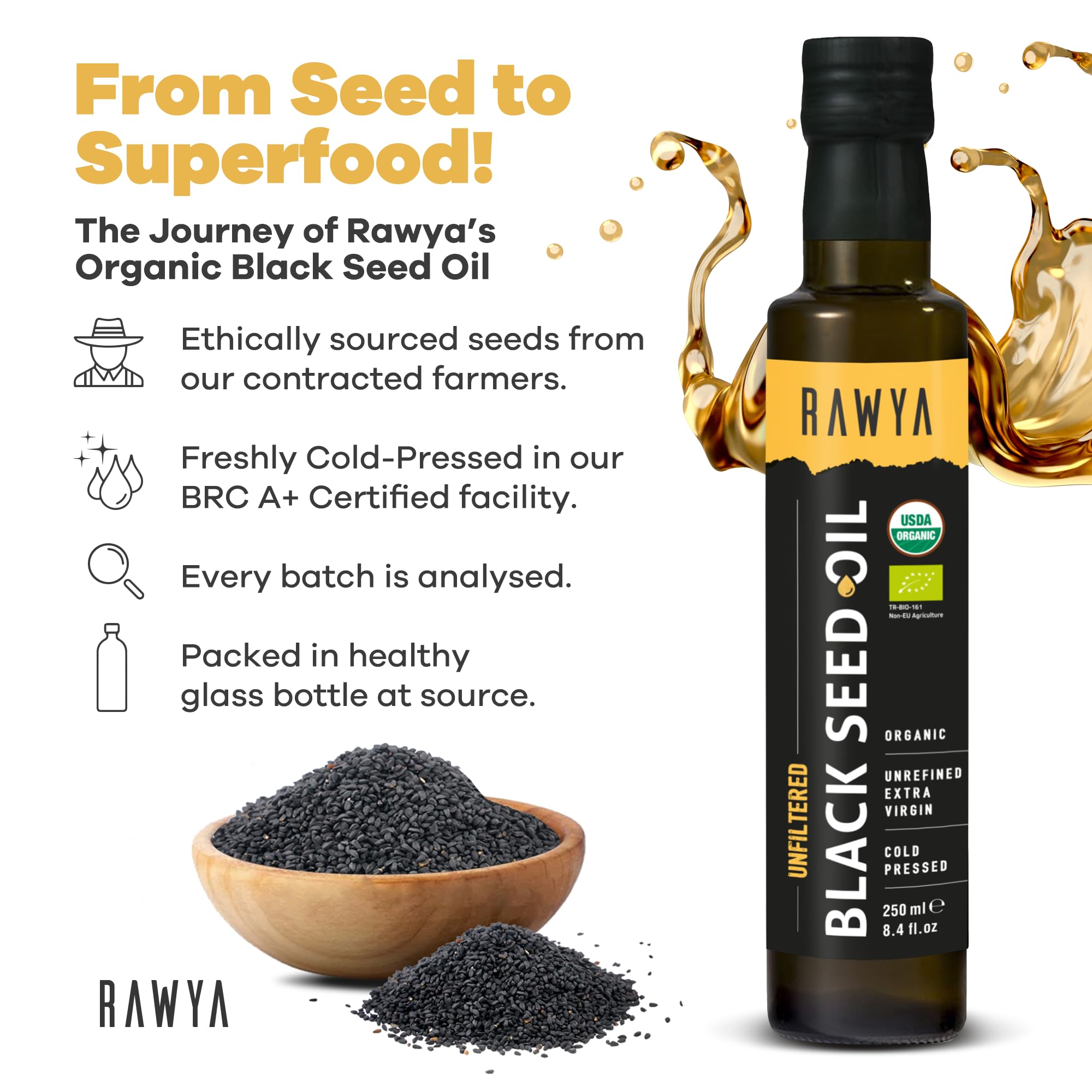 RAWYA black seed oil in a glass bottle, cold-pressed, unfiltered, USDA organic edible vegetable oil on a white background.