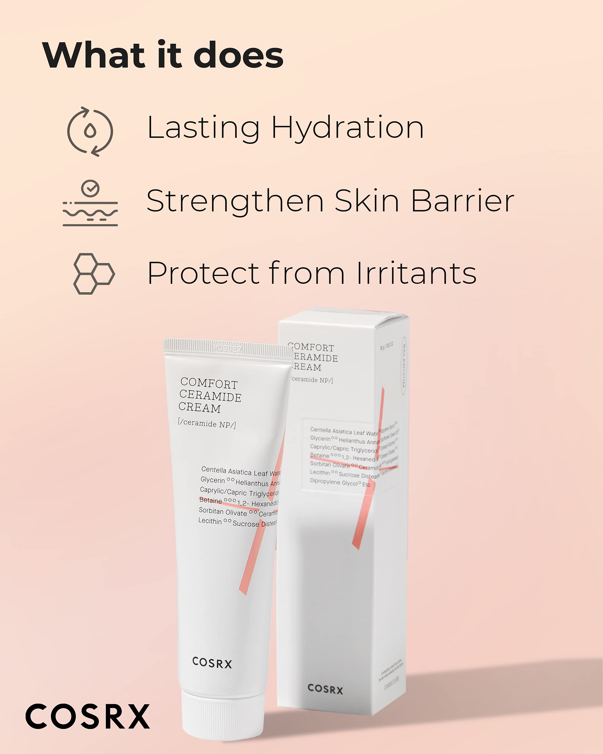 COSRX Balancium Comfort Ceramide Cream with Centella Asiatica, 2.82 oz, featuring a jar of nourishing skin moisturizer