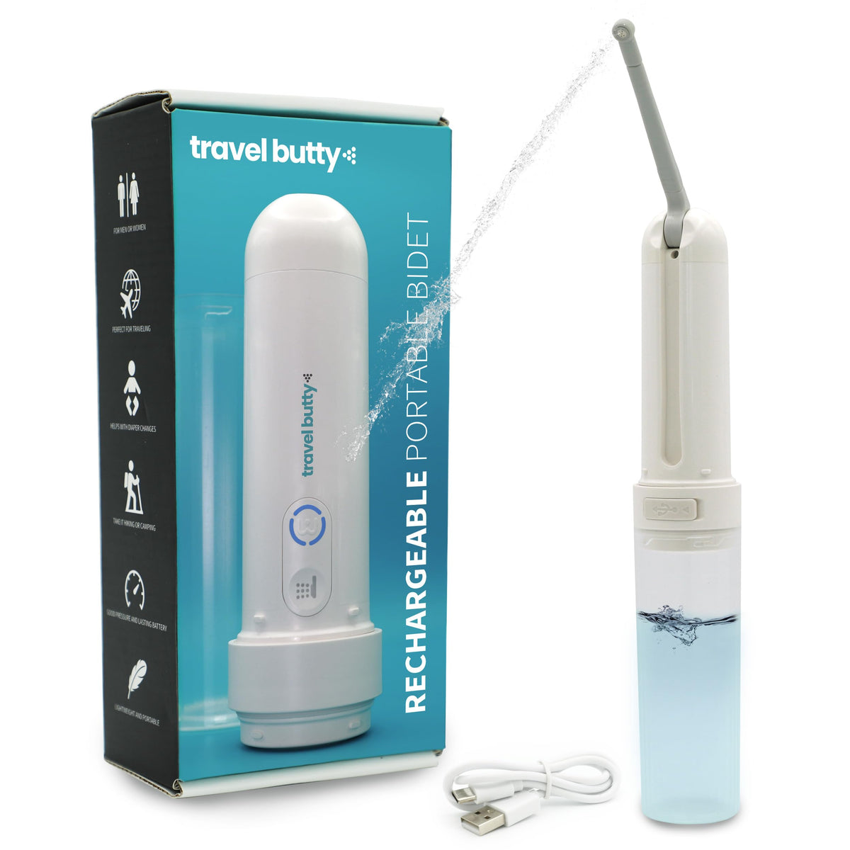 Travel Butty Portable Bidet for Travel - 3 Pressure Settings, USB Rechargeable, Adjustable Nozzle, Lightweight & Compact