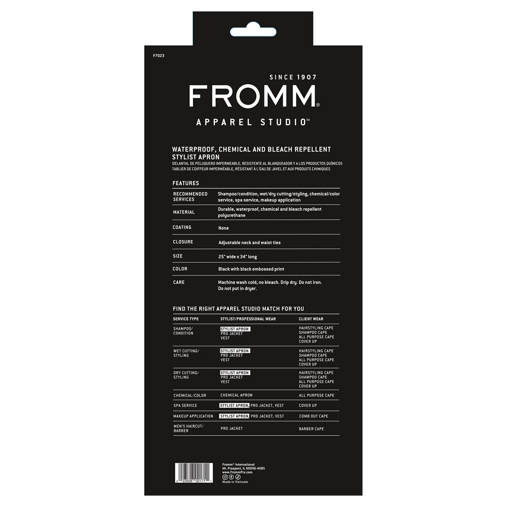 Fromm Apparel Studio black embossed pattern hair stylist apron, waterproof, chemical resistant, adjustable, knee-length coverage.