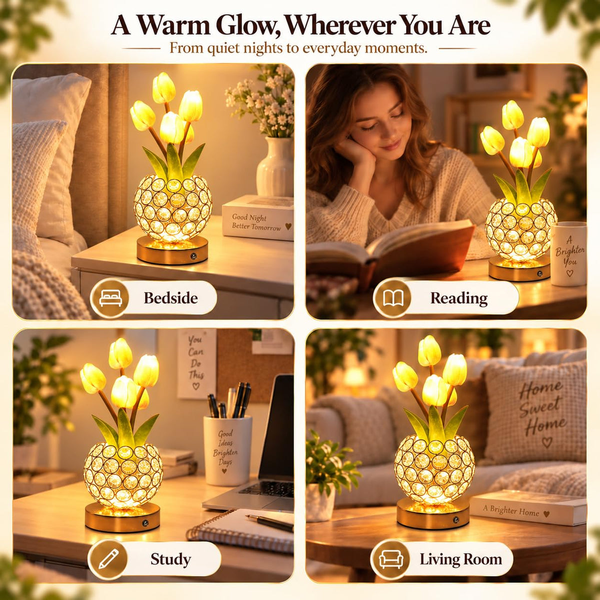 Komothala 4000mAh Rechargeable Crystal Tulip Lamp, Cordless Bedside Nightstand Light – full view