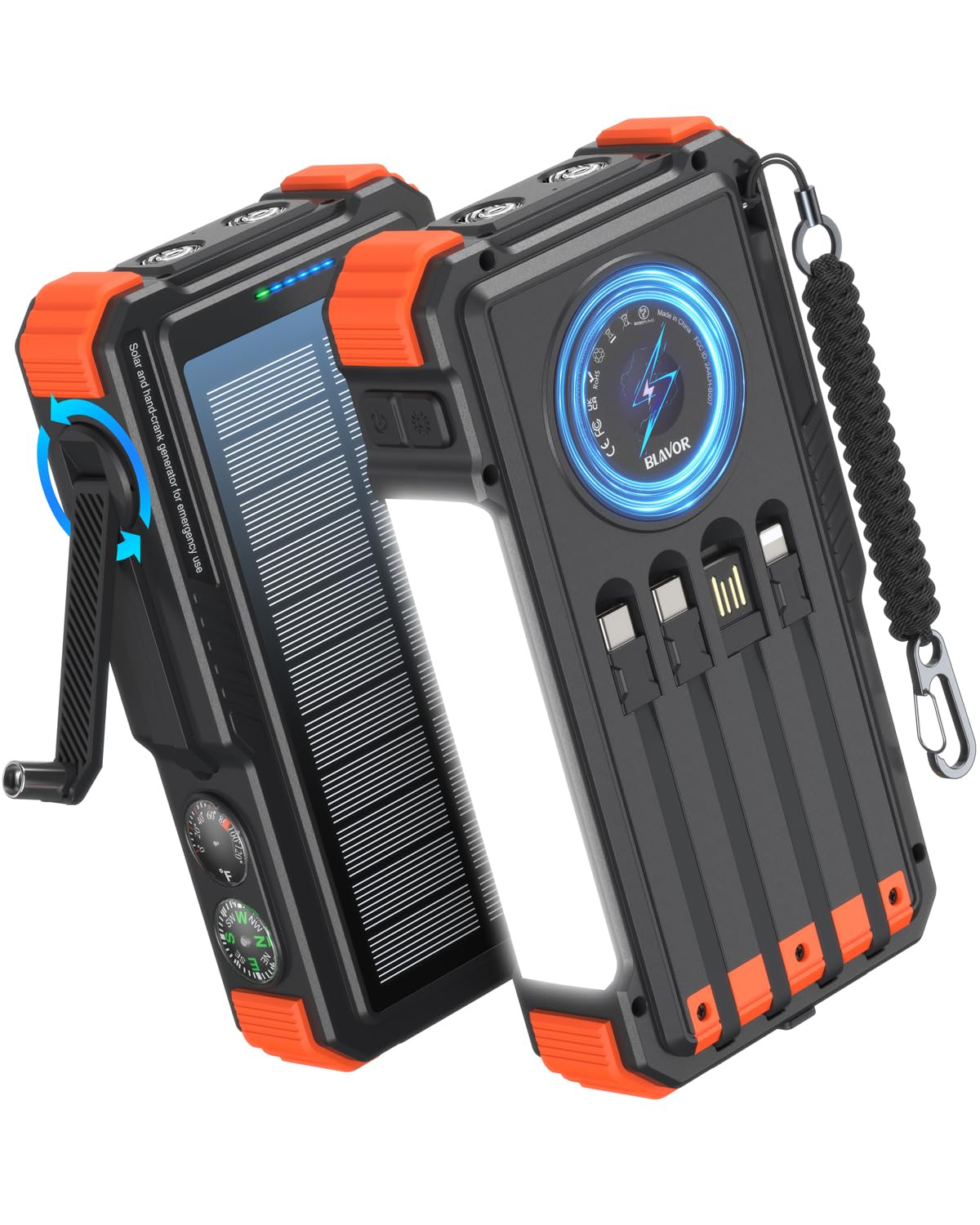 BLAVOR Solar Power Bank with Hand Crank and Built-in 4 Cables 20000mAh – Orange