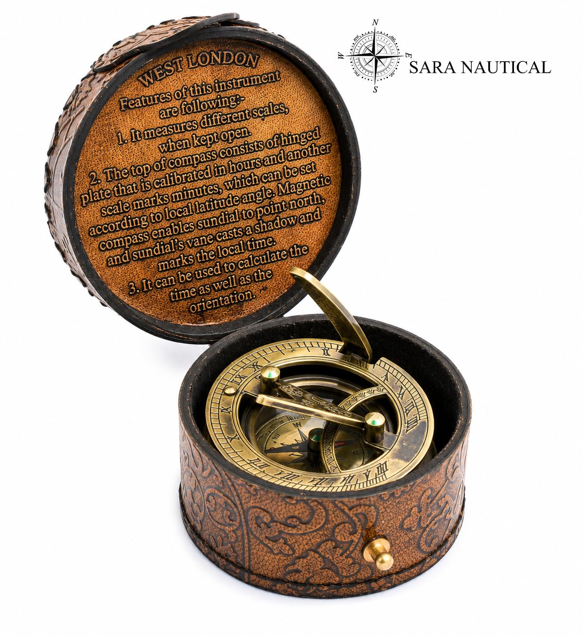 SARA NAUTICAL Antique Brass Sundial Compass, Sundial Clock in Box Gift Sun Clock Ship Replica Watch,Ship Decorations (Ne