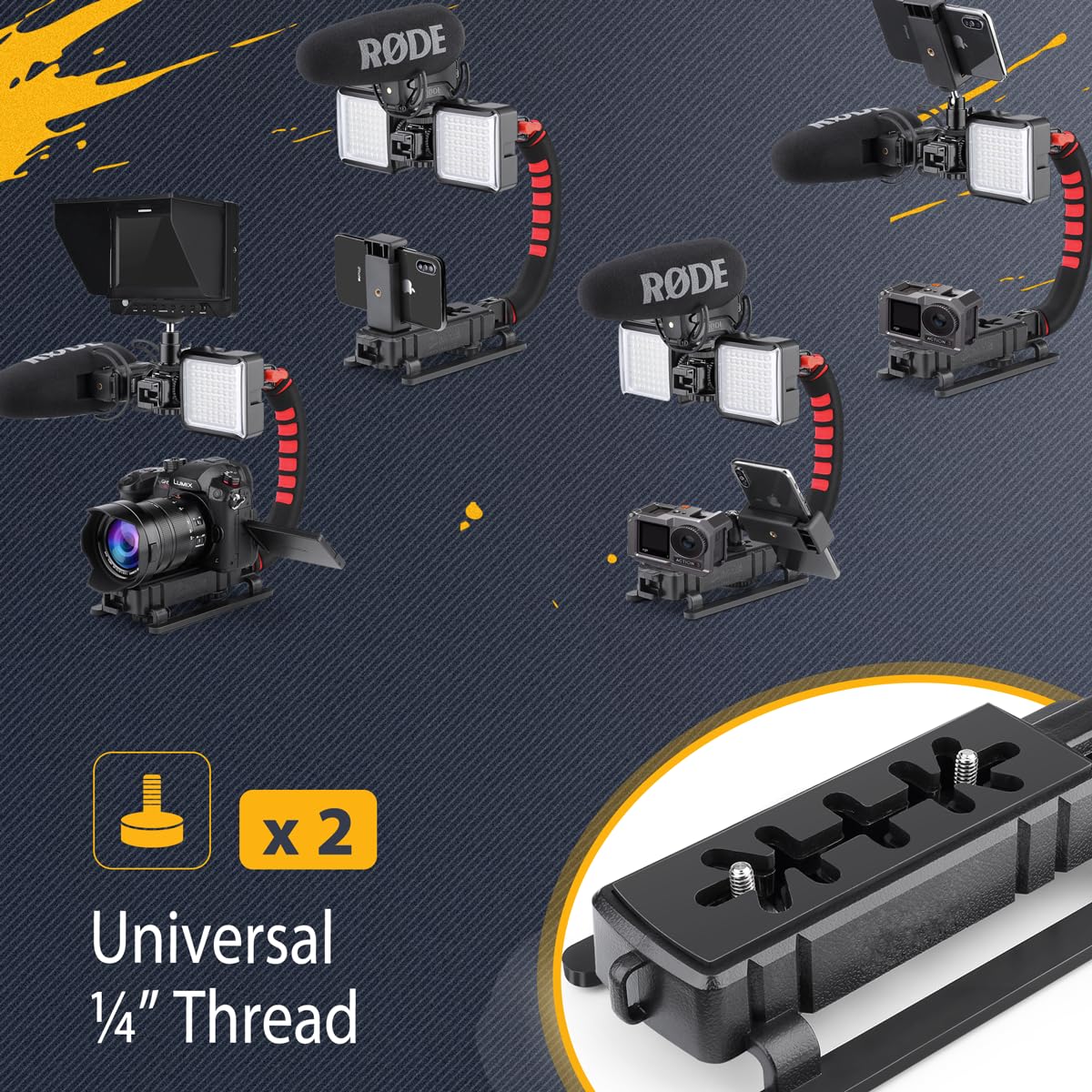 Zeadio Camera Smartphone Handheld Stabilizer, Triple Cold-Shoe Handle Grip Compatible with All Camera Action Camera DSLR