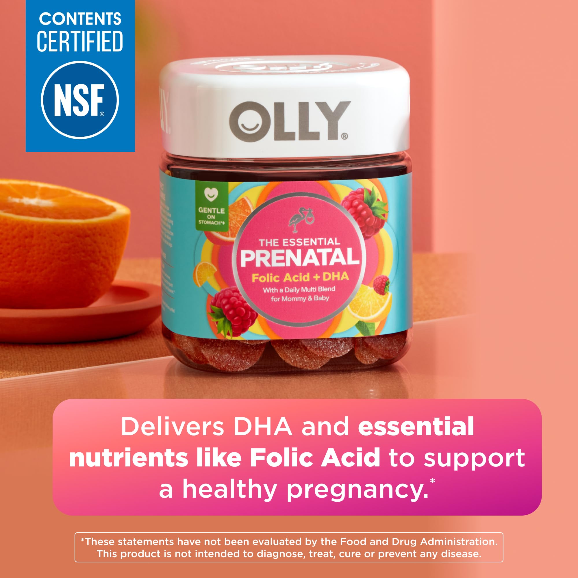 OLLY Prenatal Multivitamin Gummy, daily vitamin supplement for expecting moms and babies, 60 count bottle.