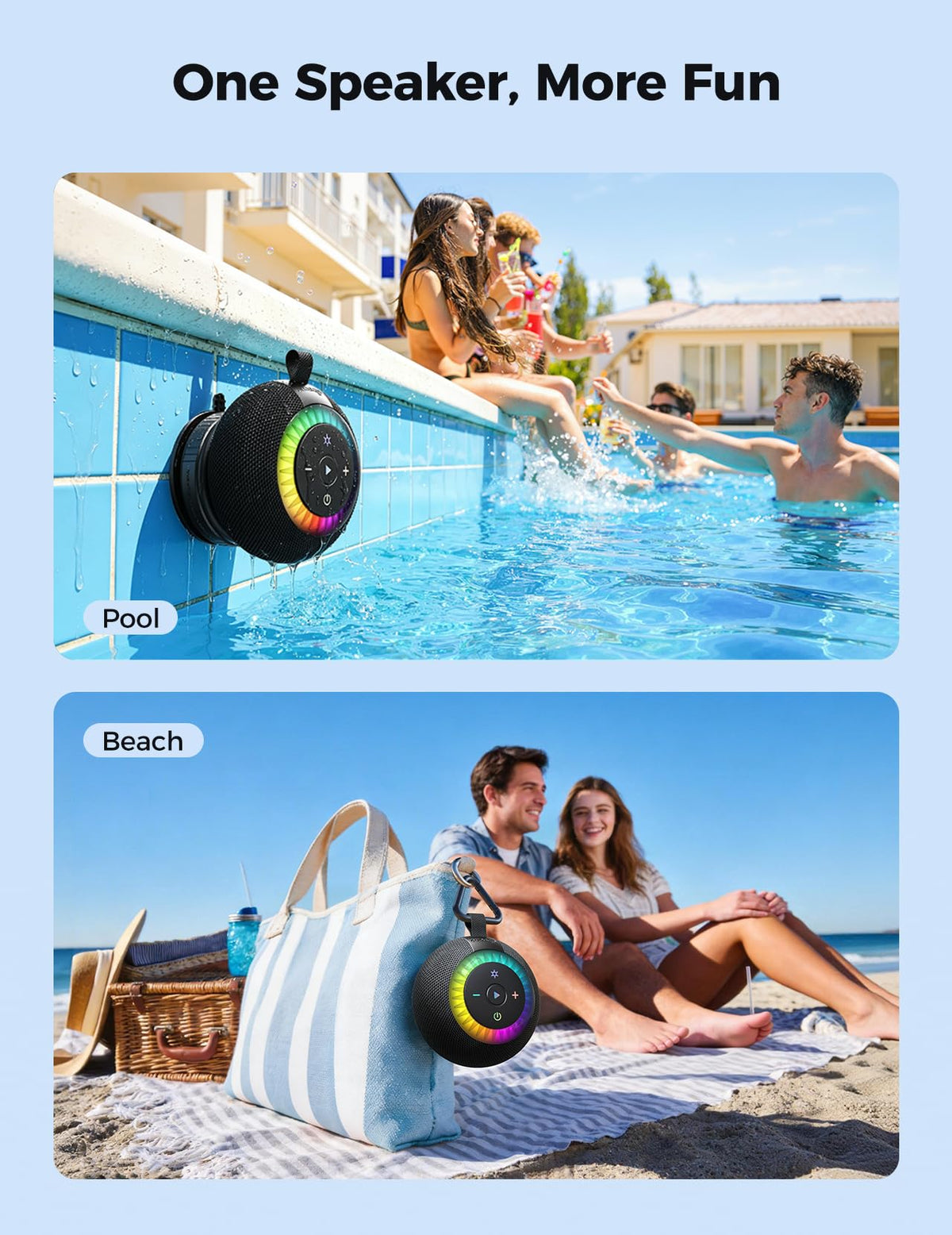 dbsono Bluetooth Shower Speaker IPX7 Waterproof: Removable Suction Cup, Black – full view, size 3.7 inches