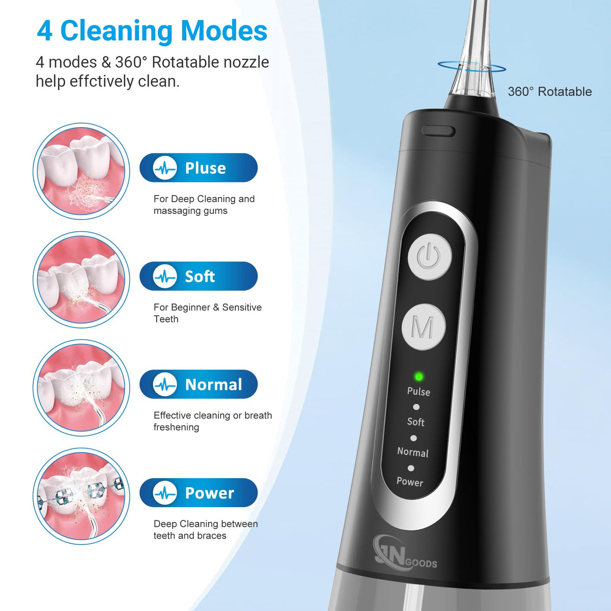 JNGOODS Cordless Water Dental Flosser Oral irrigator,JNGOODS 300ml Rechargeable Water flosser for Teeth IPX7 Waterproof 