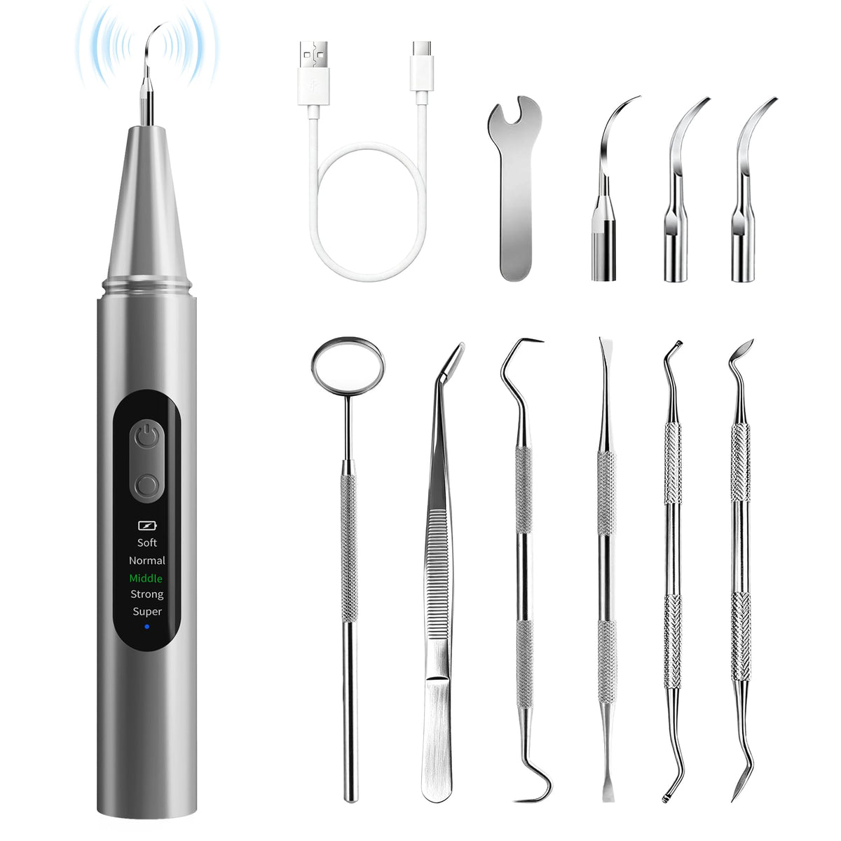 AudScope plaque remover for teeth from dental care kit, showing a handheld device for removing plaque and tartar buildup.
