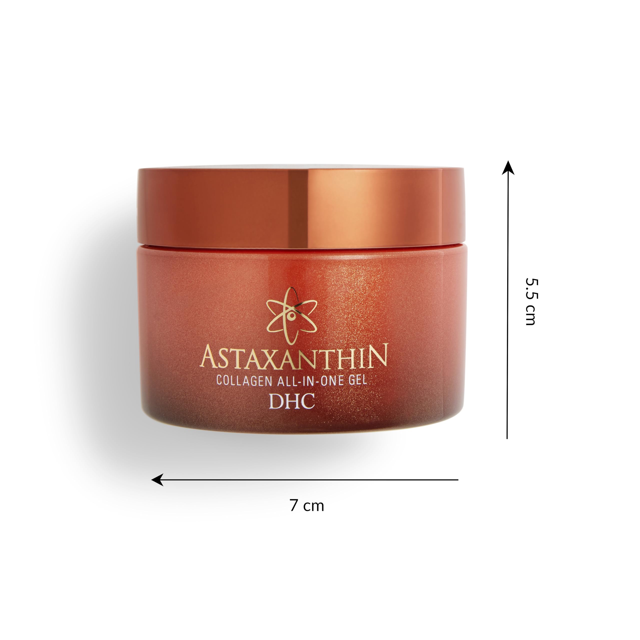DHC Astaxanthin Collagen All-in-One Gel skin moisturizer in a 200g jar, featuring a smooth gel texture and vibrant packaging.