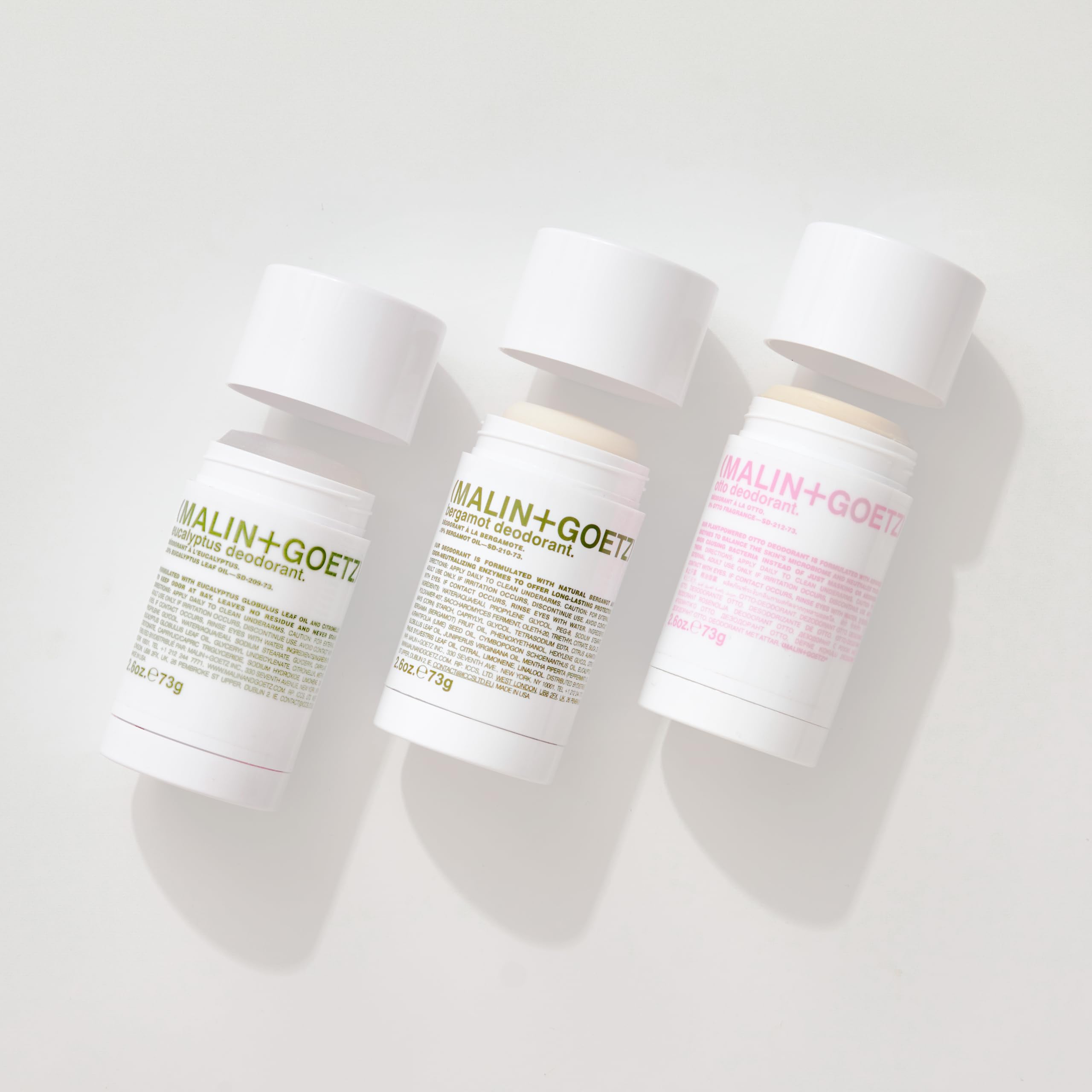 MALIN+GOETZ Eucalyptus Deodorant 2.6 oz in a clear plastic stick with a white cap, showcasing the natural eucalyptus scent.
