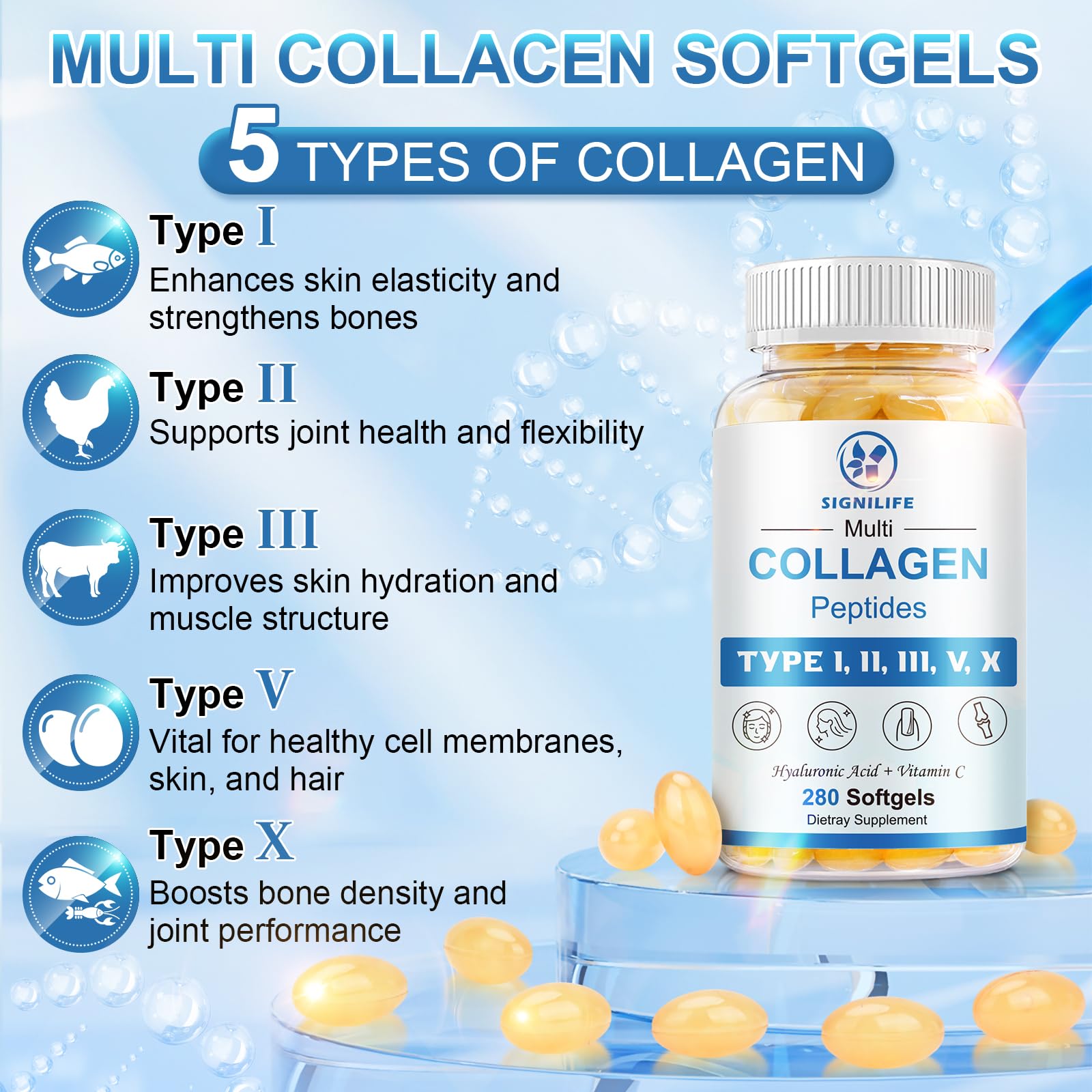 SIGNILIFE Multi Collagen Peptides for Women & Men-Type I, II, III, V, X