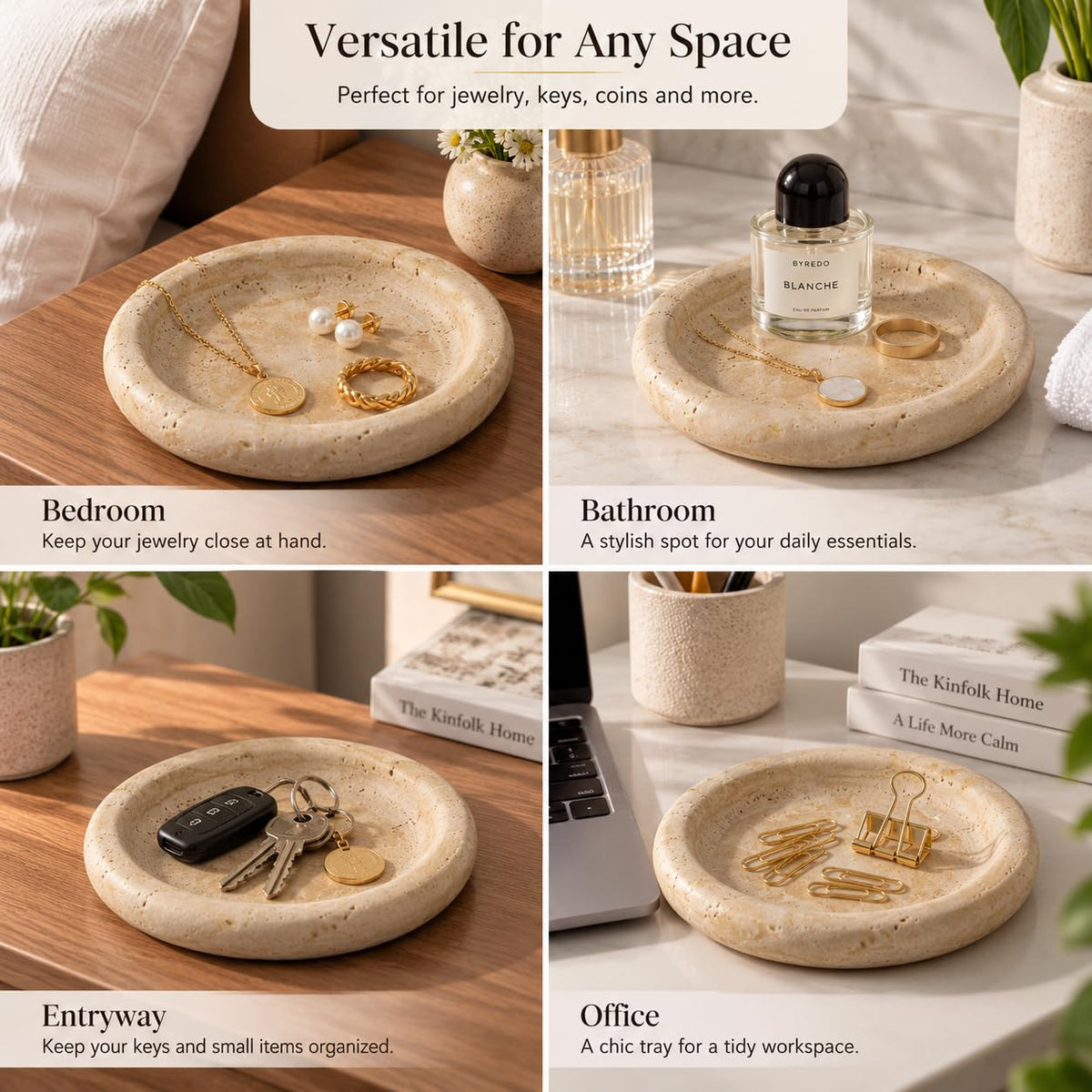 IPEDWO Natural Travertine Jewelry Dish,7.7" Stone Tray for Ring and Earring – full view