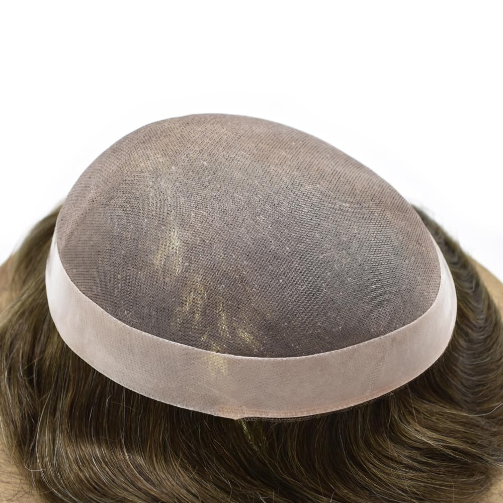 Curve Hair men's toupee wig with light-medium brown and gray human hair, monofilament top, 7x9 inches, durable poly coating.