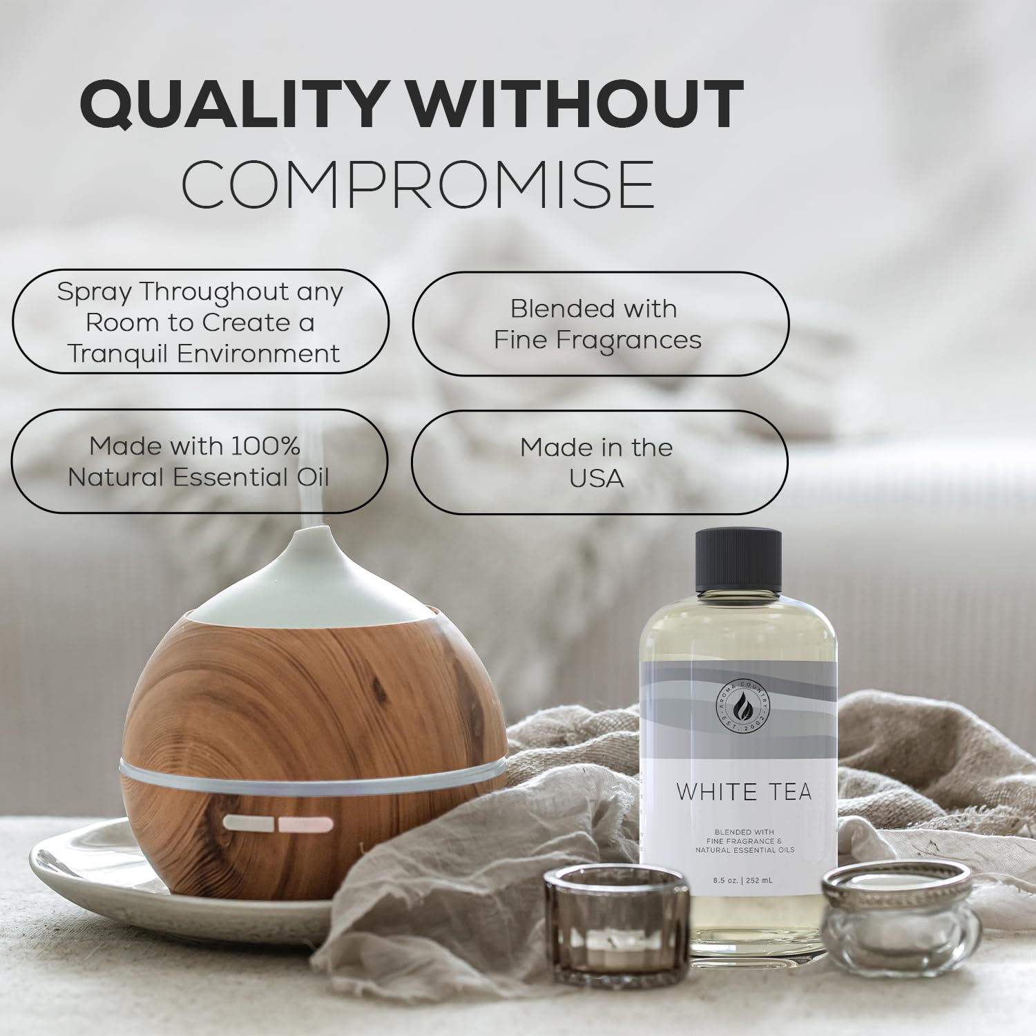 Aroma Country White Tea diffuser oil refill in an 8.5 oz bottle, showcasing the clear liquid inside a sleek container.
