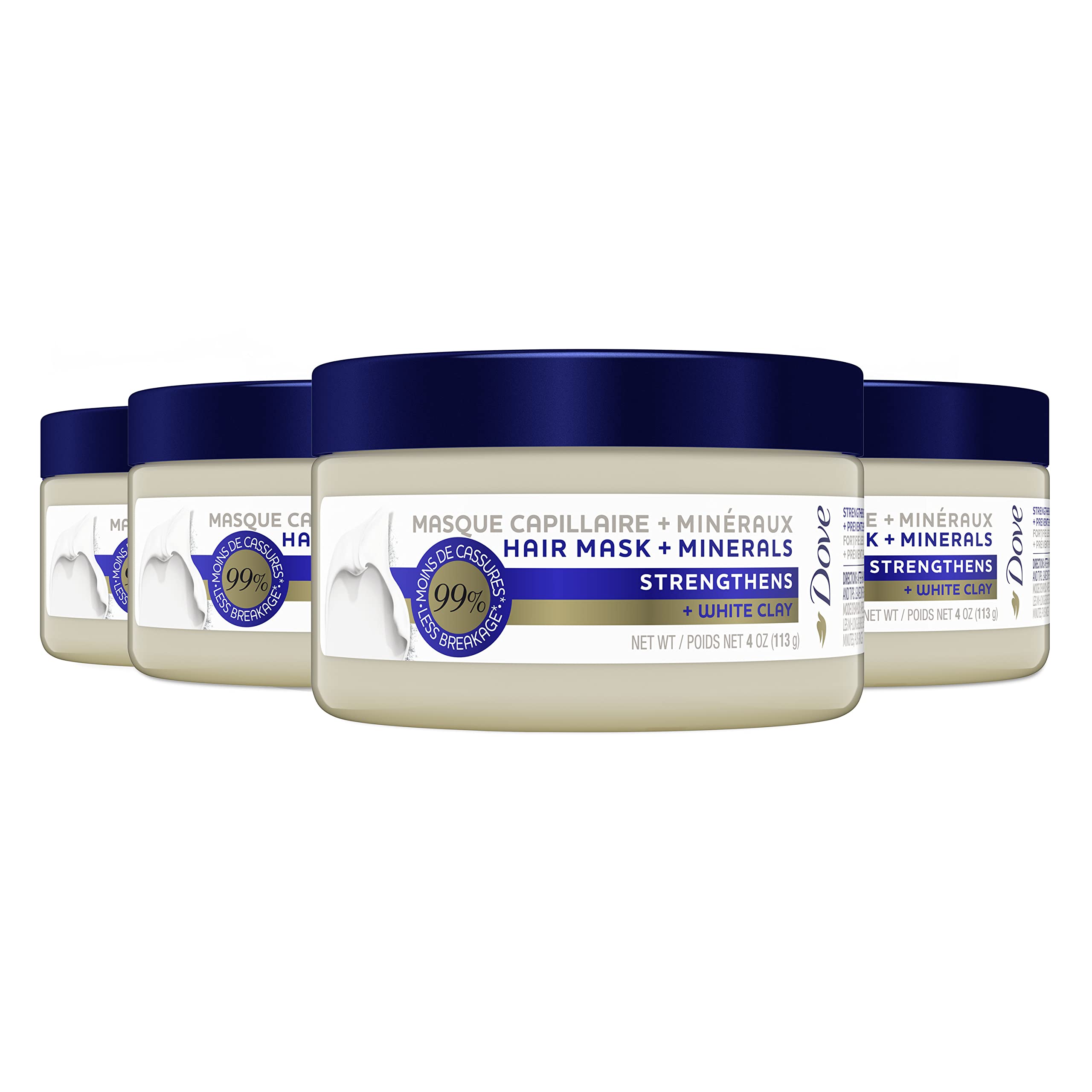 Dove Mineral Strengthens + White Clay hair mask in a 4 oz container, conditioning and strengthening hair with white clay.