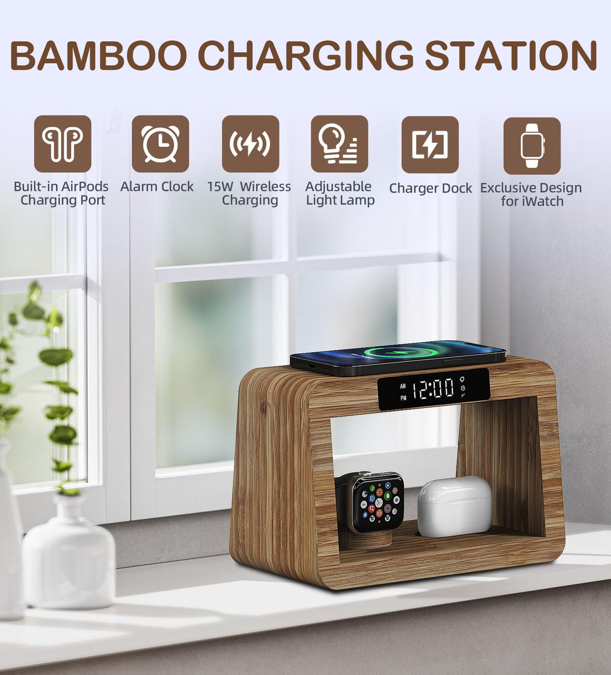 Alltripal Bamboo Charging Station for Multiple Devices, 15W Fast Wireless Charger Night Light with 3 Color& 4 Adjustable