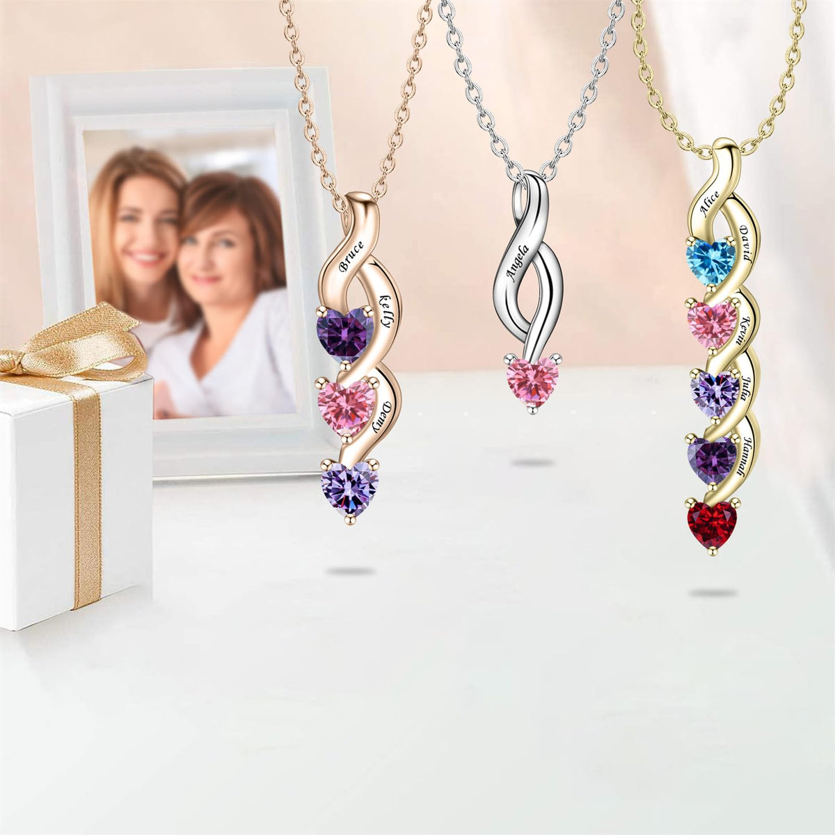 ORFAN Personalized S925 Mothers Name Necklace with 1-6 Simulated Birthstones – full view