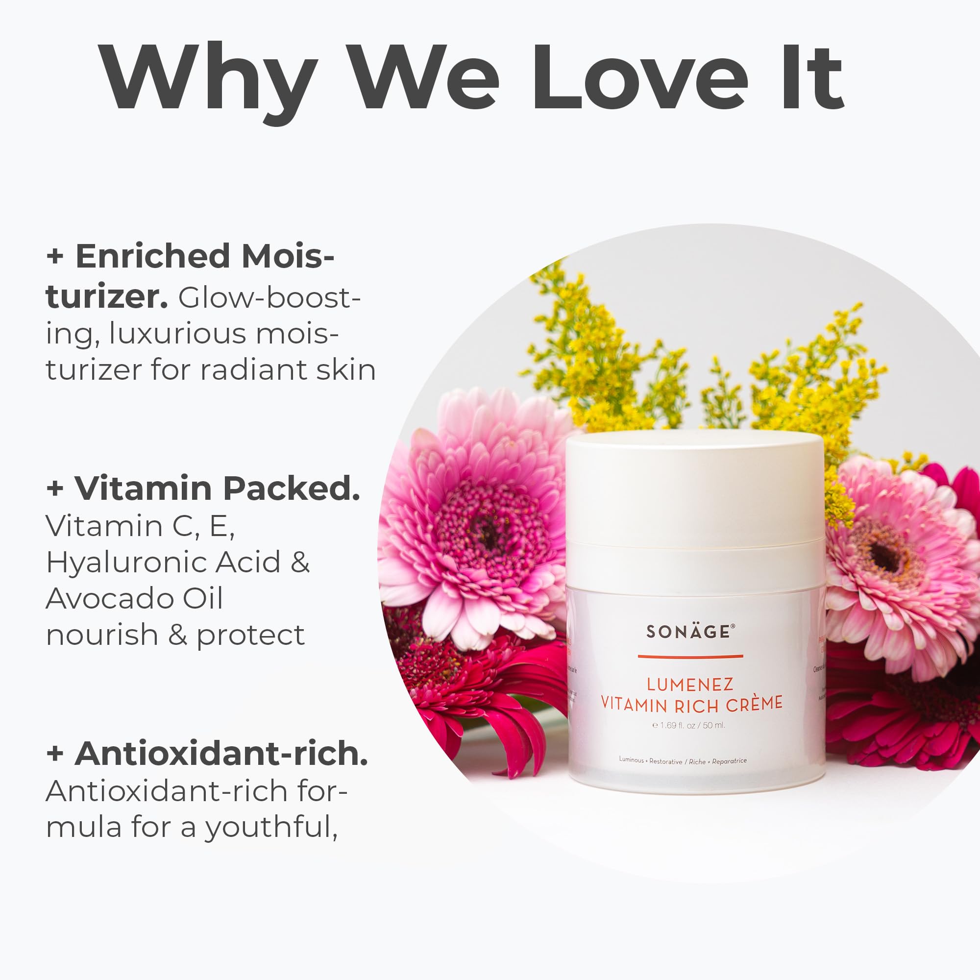 SONAGE Lumenez Vitamin C & E face moisturizer for dry skin in 50ml jar, creamy skincare with brightening ingredients
