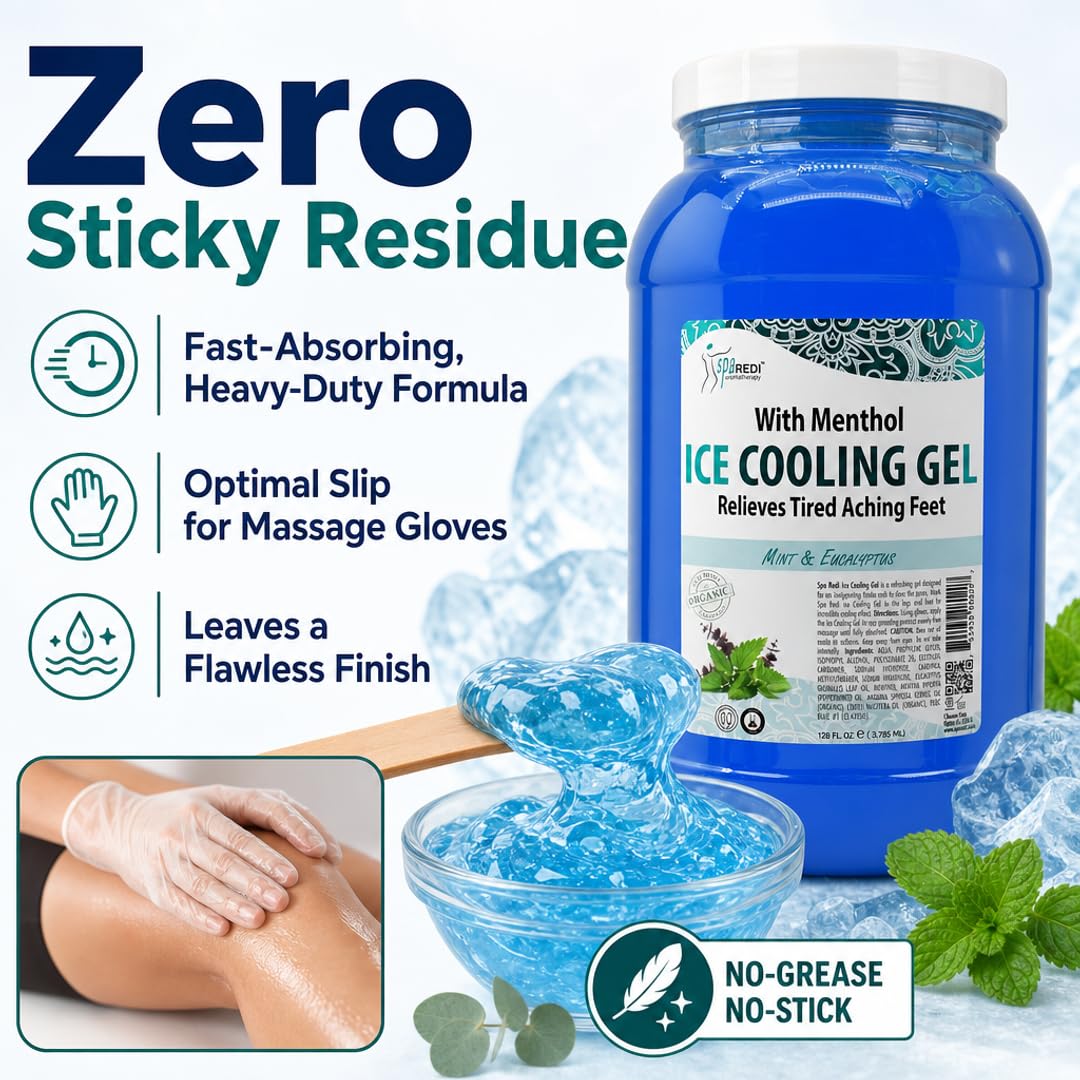 SPA REDI Pedicure Massage Cooling Gel, Fast-Absorbing, 1 Gallon – back view and specifications