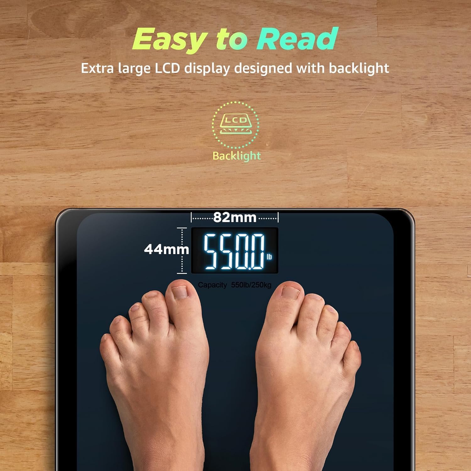 RunStar 550lb digital bathroom scale with ultra-wide platform and large LCD display for accurate body weight measurement.