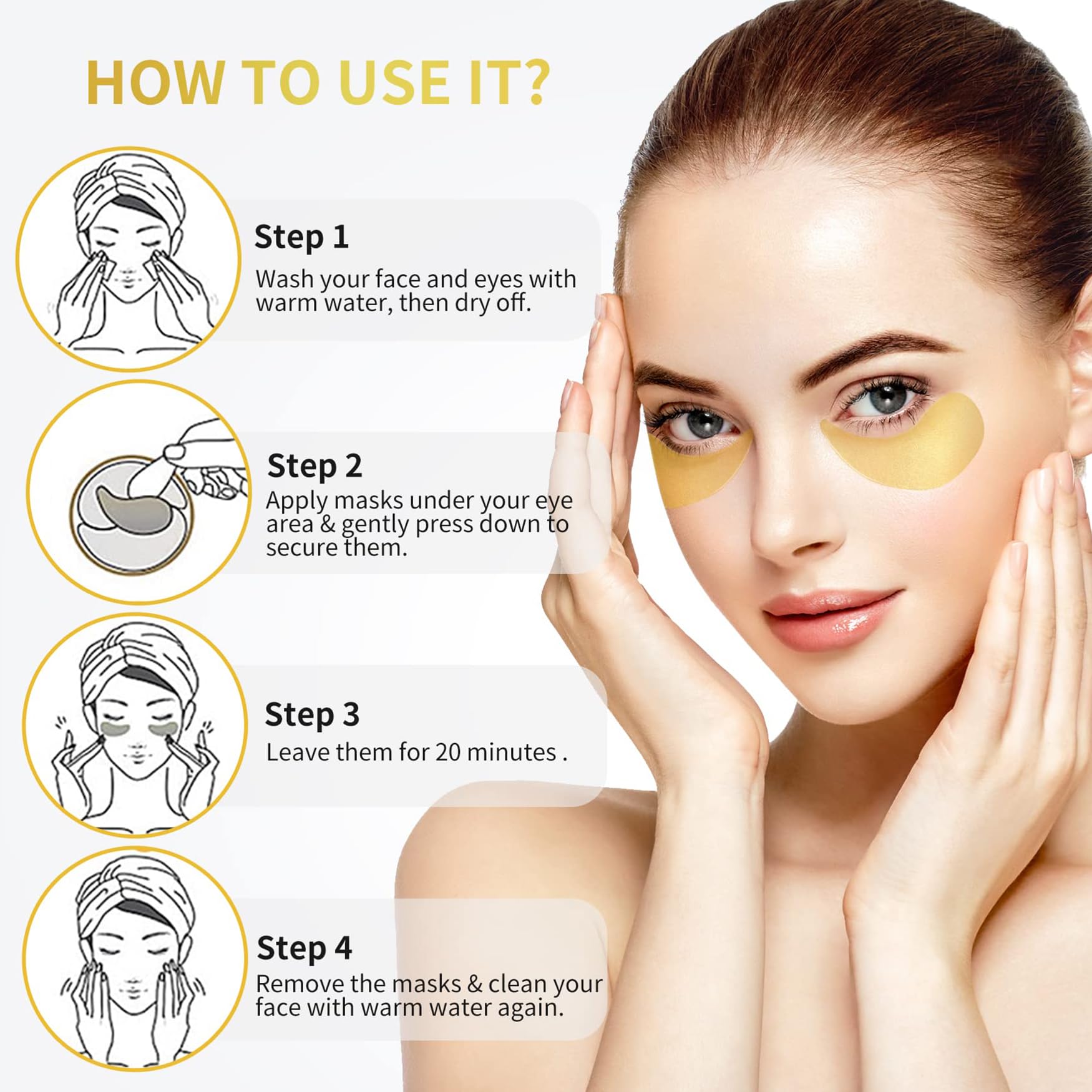 NAZANO 24K gold under eye patches, hydrogel skin treatment mask, visible in the image, designed to reduce puffiness and brighten skin.