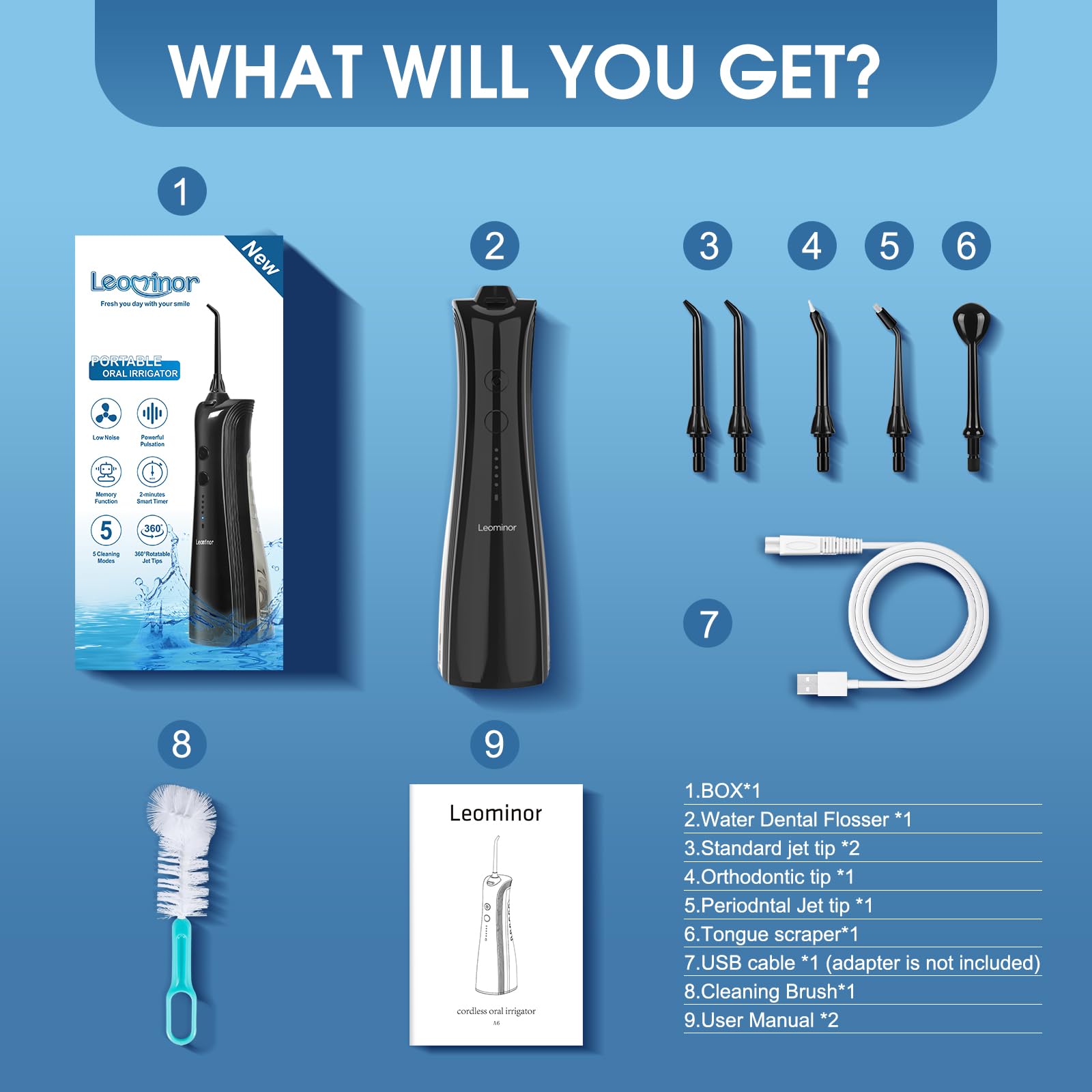 Leominor Water Dental Flosser cordless oral irrigator in black with 5 modes, waterproof design, rechargeable, for home and travel use.